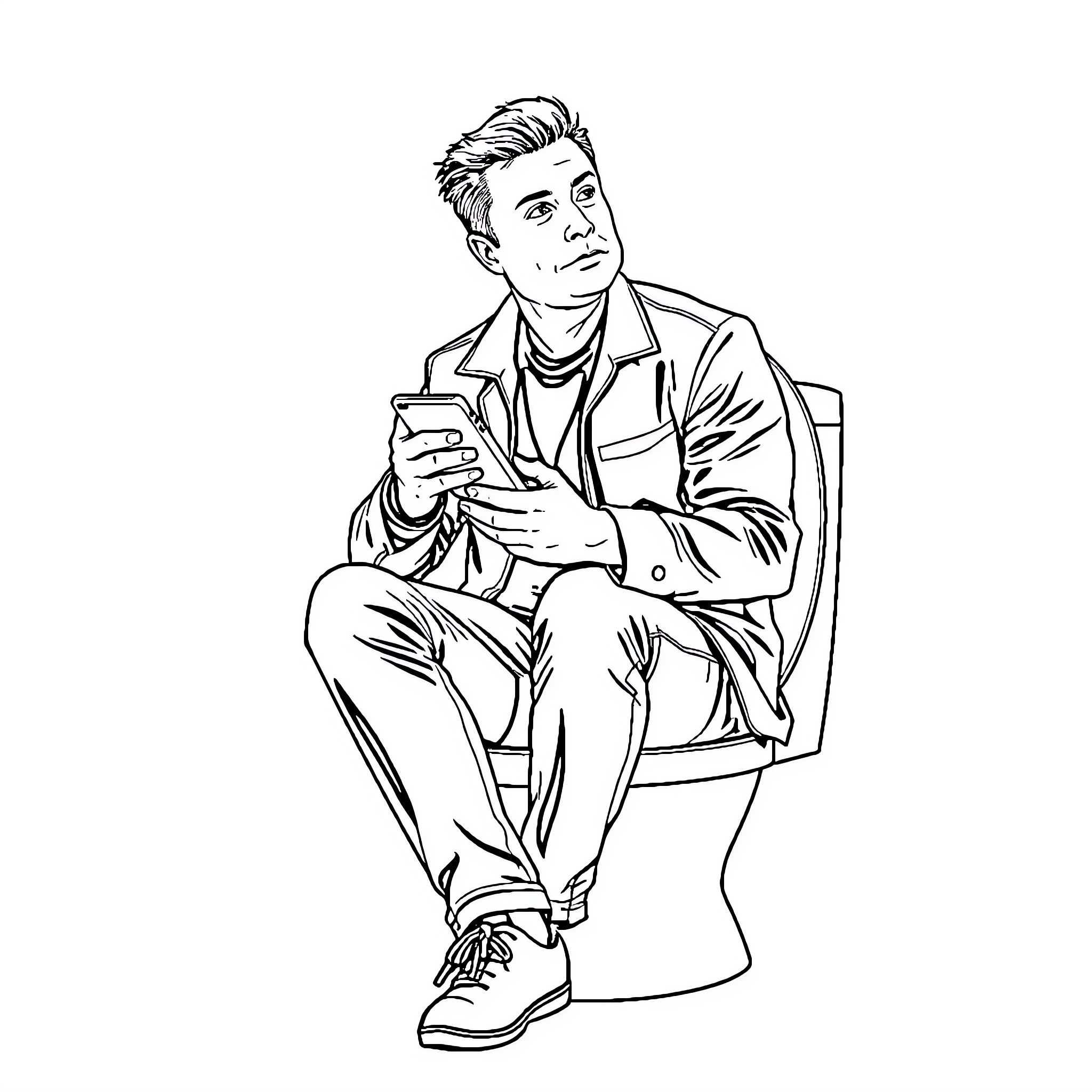 Elon Musk using a smartphone while sitting Coloring Page (free black-and-white line drawing printable PDF for all, from beginners to advanced learners, including children, teens, adults, and seniors)
