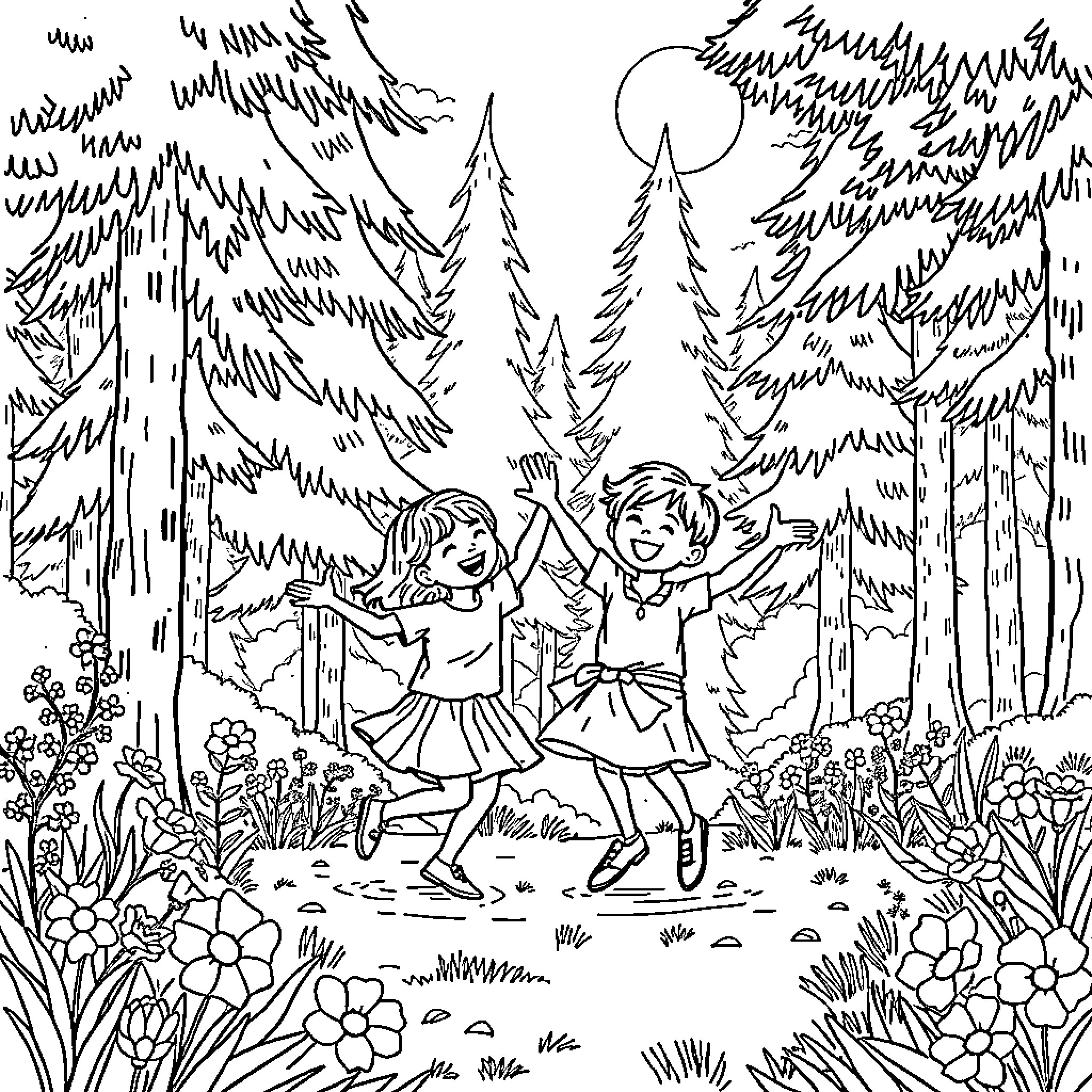 Kid dancing joyfully in enchanted forest Coloring Page (free black-and-white line drawing printable PDF for all, from beginners to advanced learners, including children, teens, adults, and seniors)