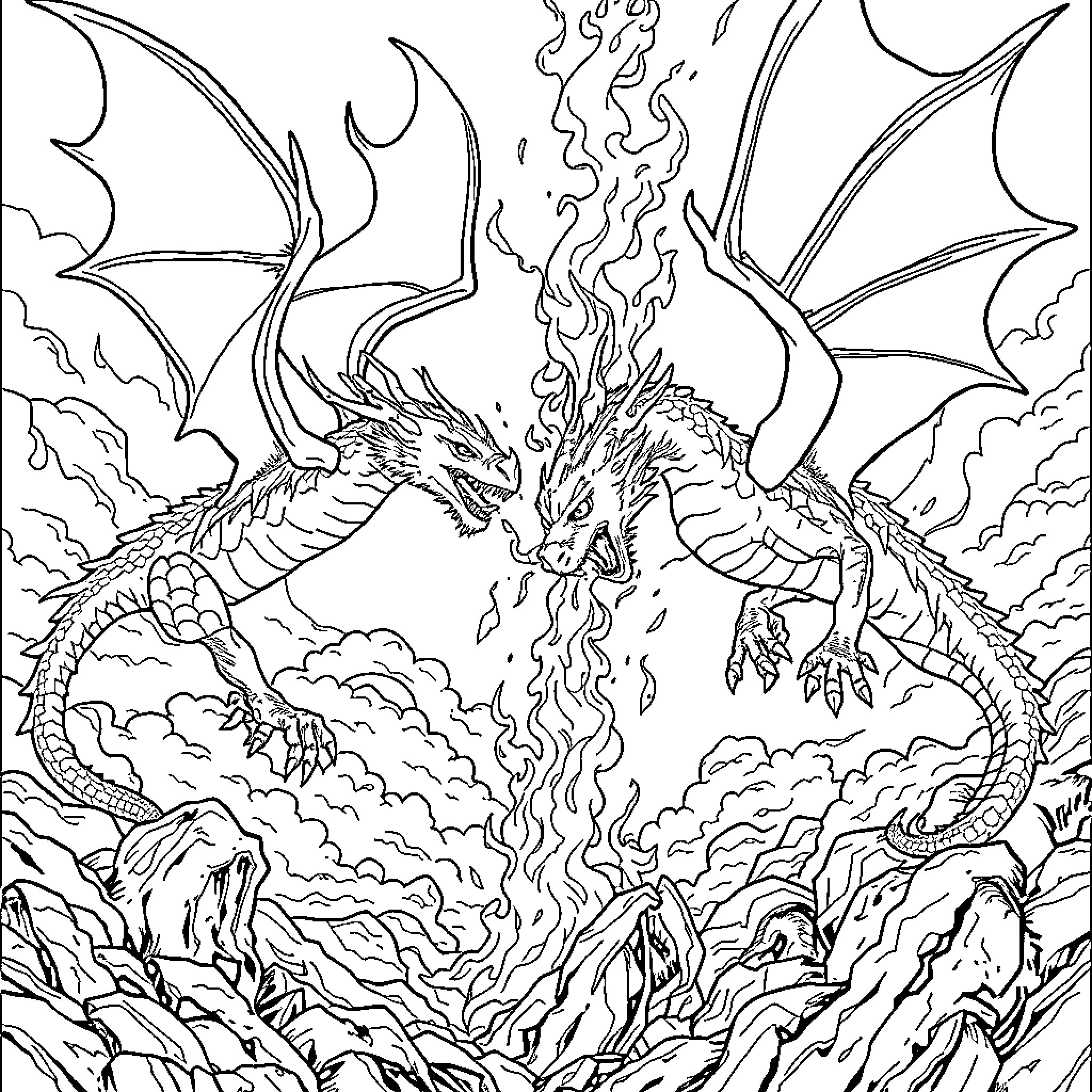 Dragon battle in the sky Coloring Page (free black-and-white line drawing printable PDF for all, from beginners to advanced learners, including children, teens, adults, and seniors)