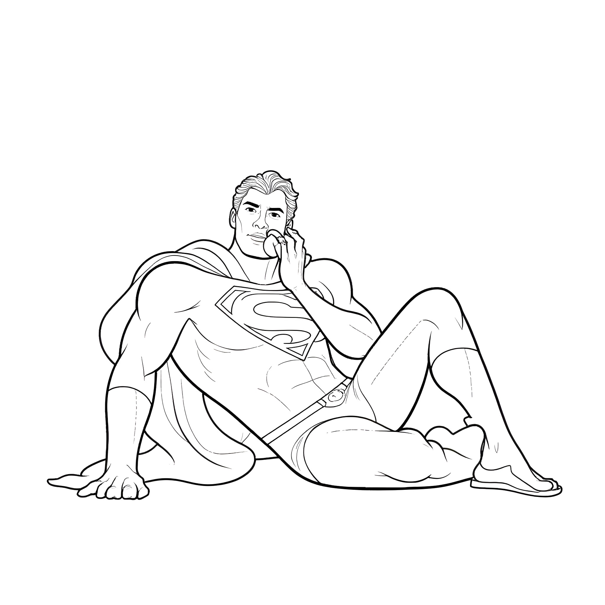 Superman resting after heroic deeds Coloring Page (free black-and-white line drawing printable PDF for all, from beginners to advanced learners, including children, teens, adults, and seniors)