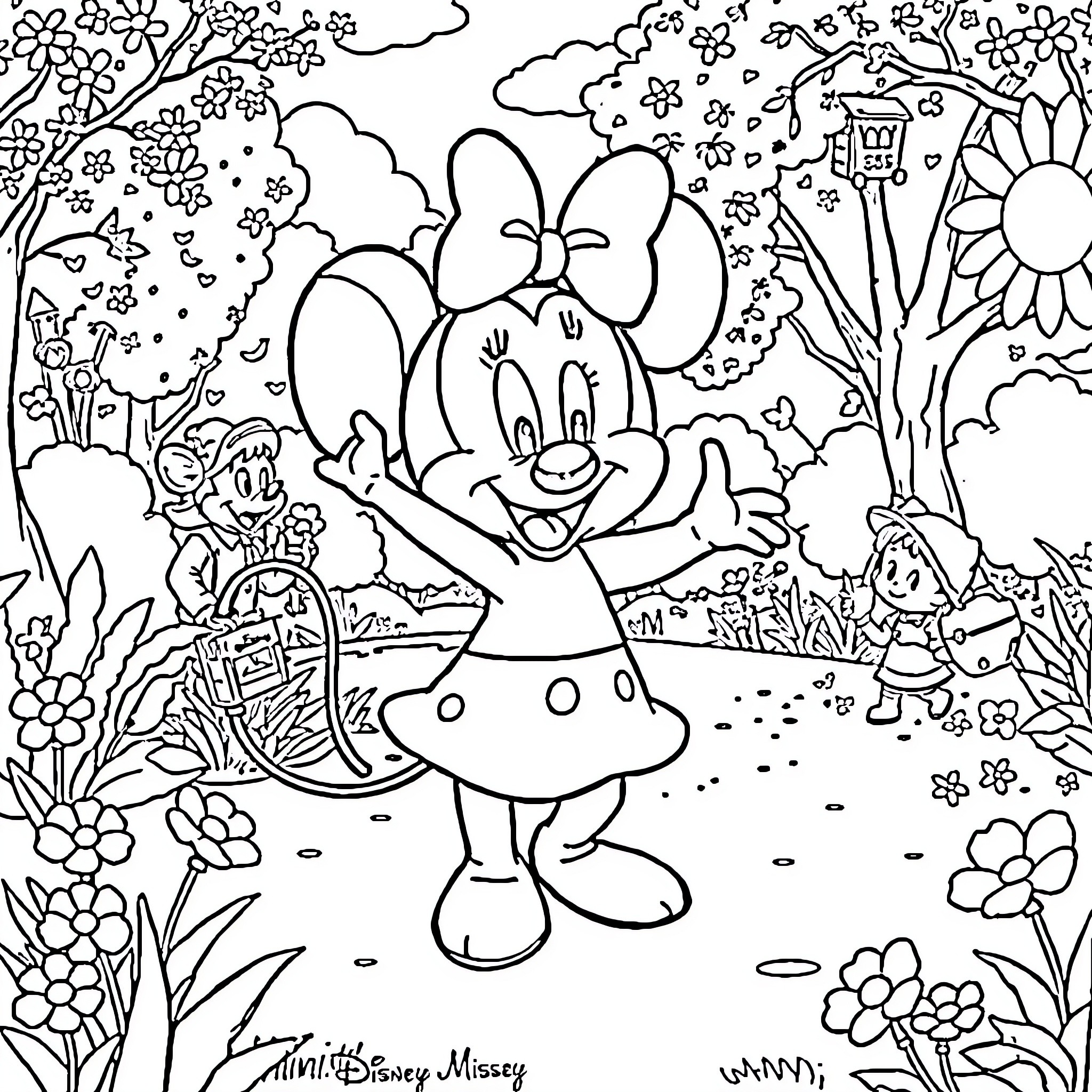 Minnie Mouse enjoying a lovely day in the garden Coloring Page (free black-and-white line drawing printable PDF for all, from beginners to advanced learners, including children, teens, adults, and seniors)