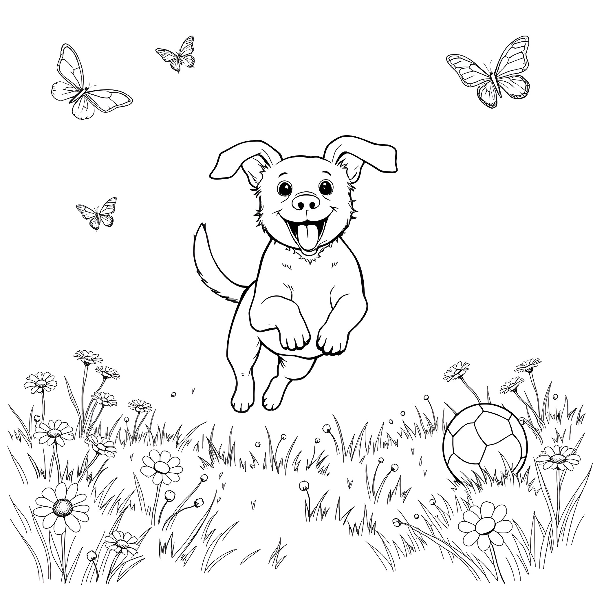 Dog playing happily in the park with butterflies Coloring Page (free black-and-white line drawing printable PDF for all, from beginners to advanced learners, including children, teens, adults, and seniors)