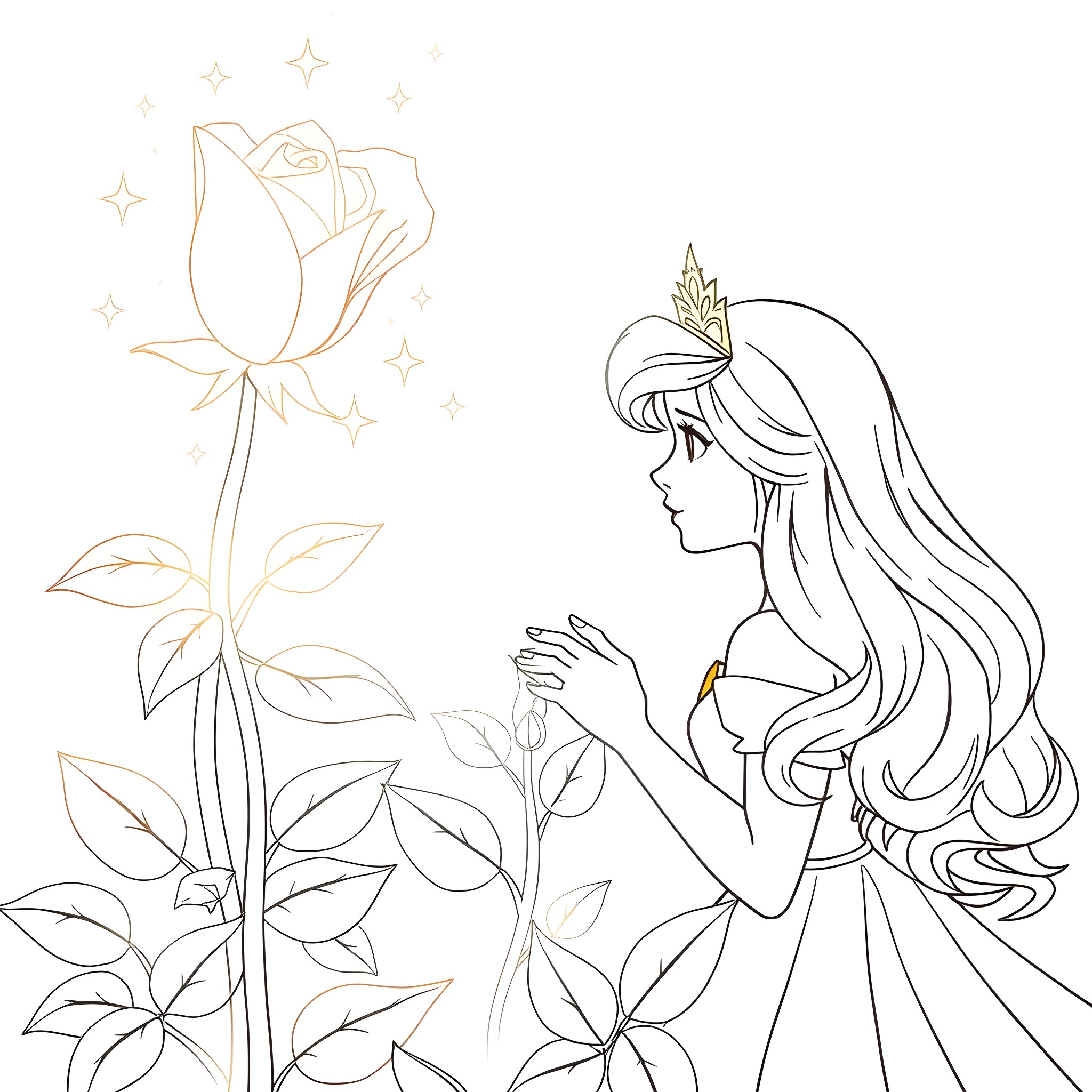 Aurora's Enchanted Rose Garden Coloring Page (free black-and-white line drawing printable PDF for all, from beginners to advanced learners, including children, teens, adults, and seniors)