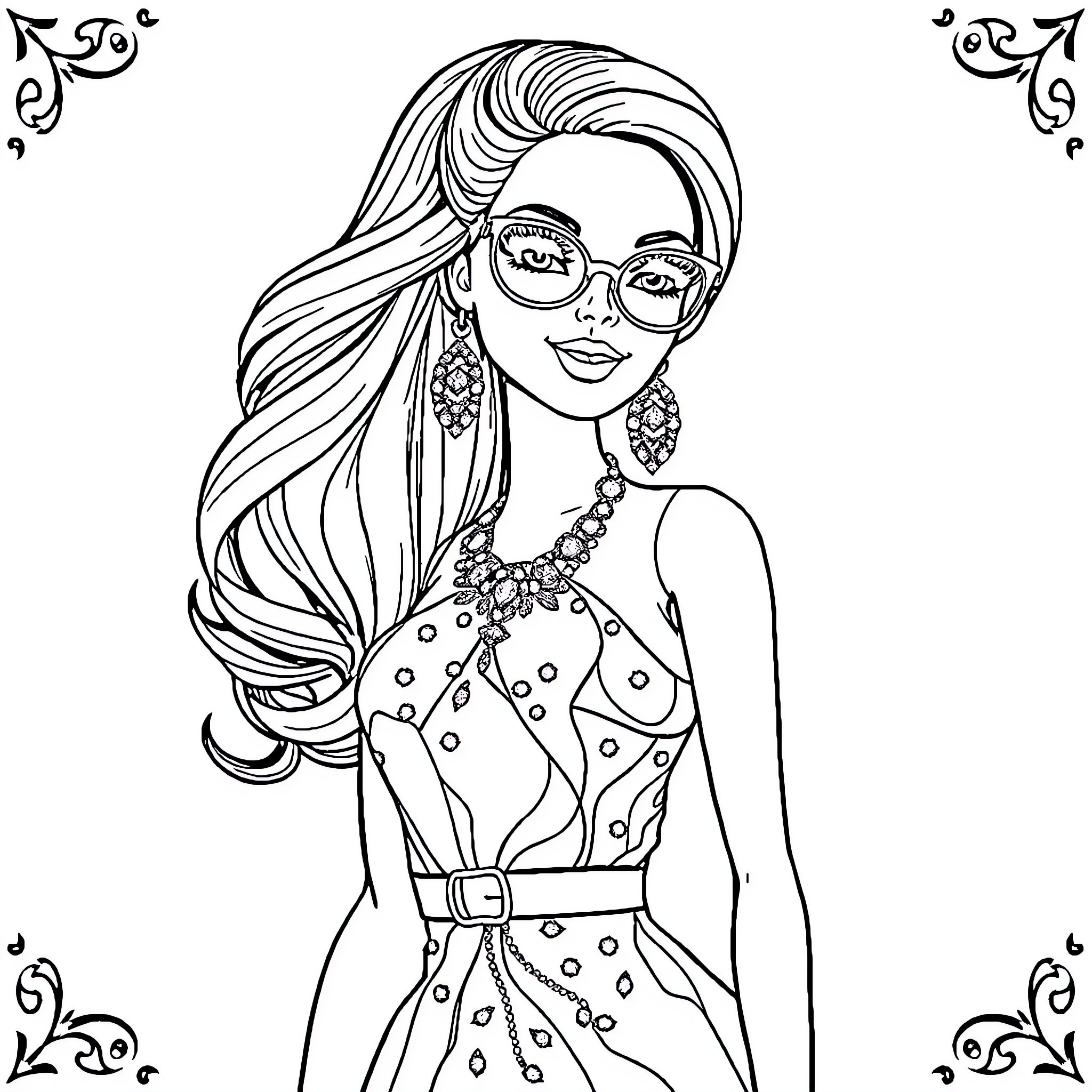 Barbie enjoying a fashionable day out Coloring Page (free black-and-white line drawing printable PDF for all, from beginners to advanced learners, including children, teens, adults, and seniors)