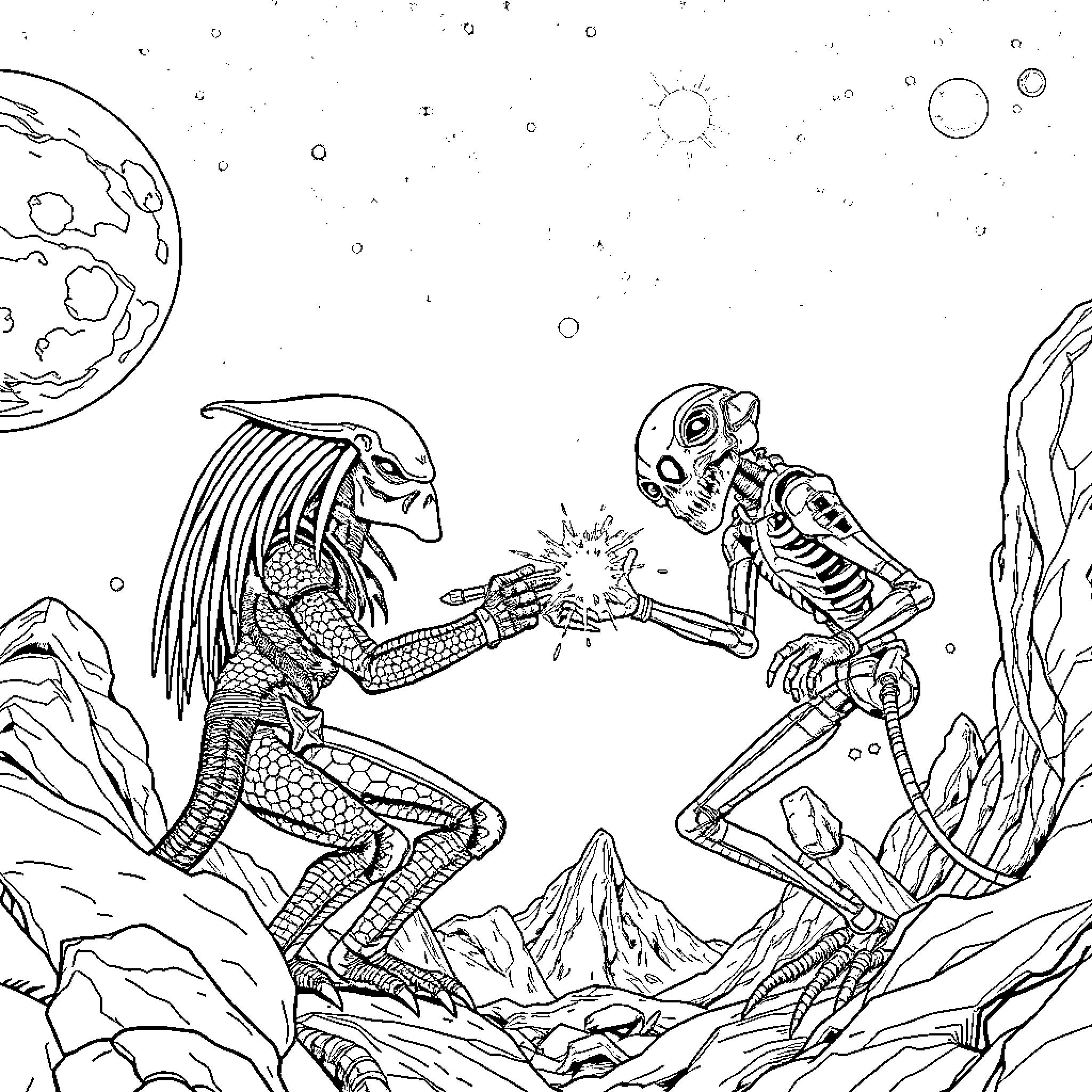 Predator creatures battling in an alien landscape Coloring Page (free black-and-white line drawing printable PDF for all, from beginners to advanced learners, including children, teens, adults, and seniors)