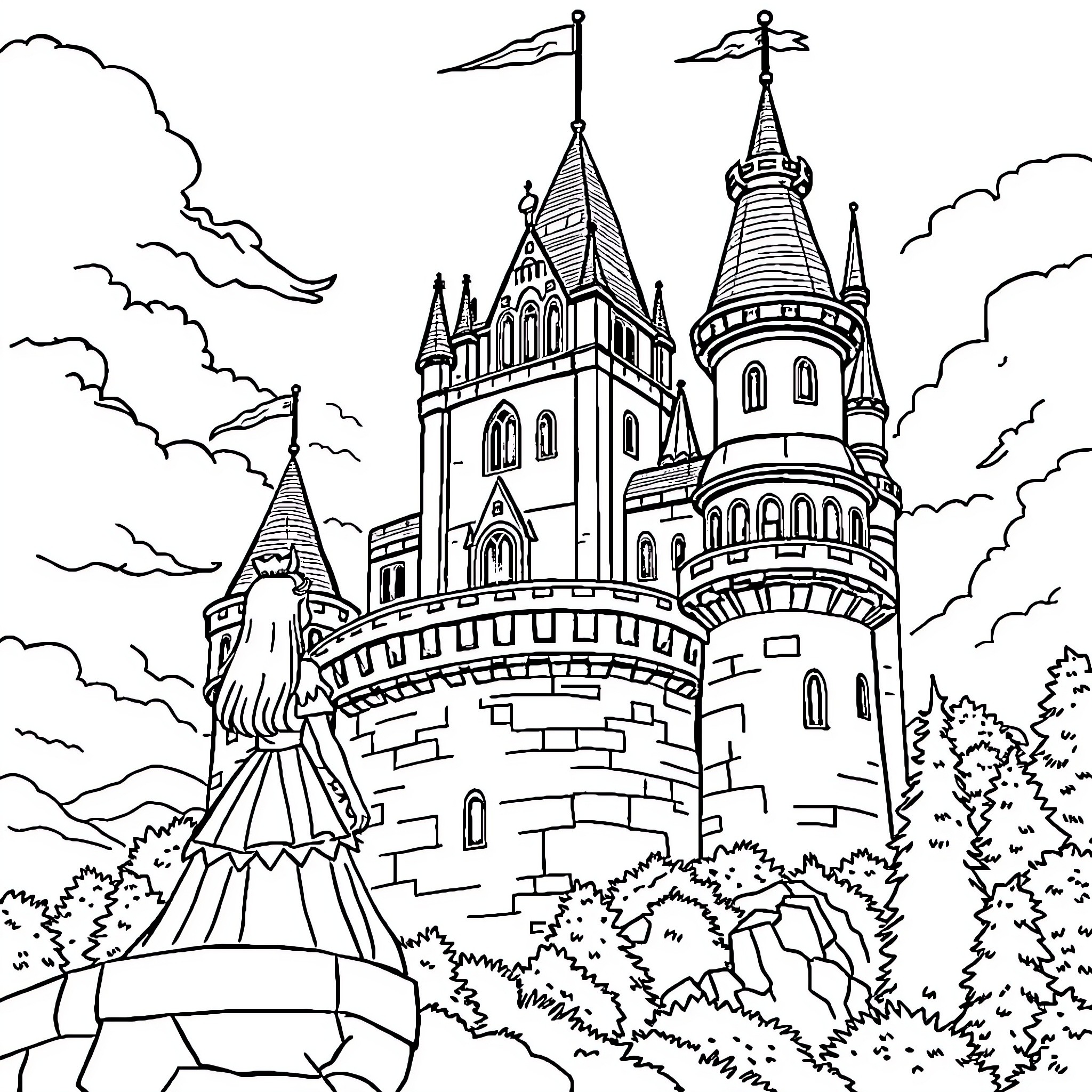 Castle with Ornate Towers and Turrets Coloring Page (free black-and-white line drawing printable PDF for all, from beginners to advanced learners, including children, teens, adults, and seniors)