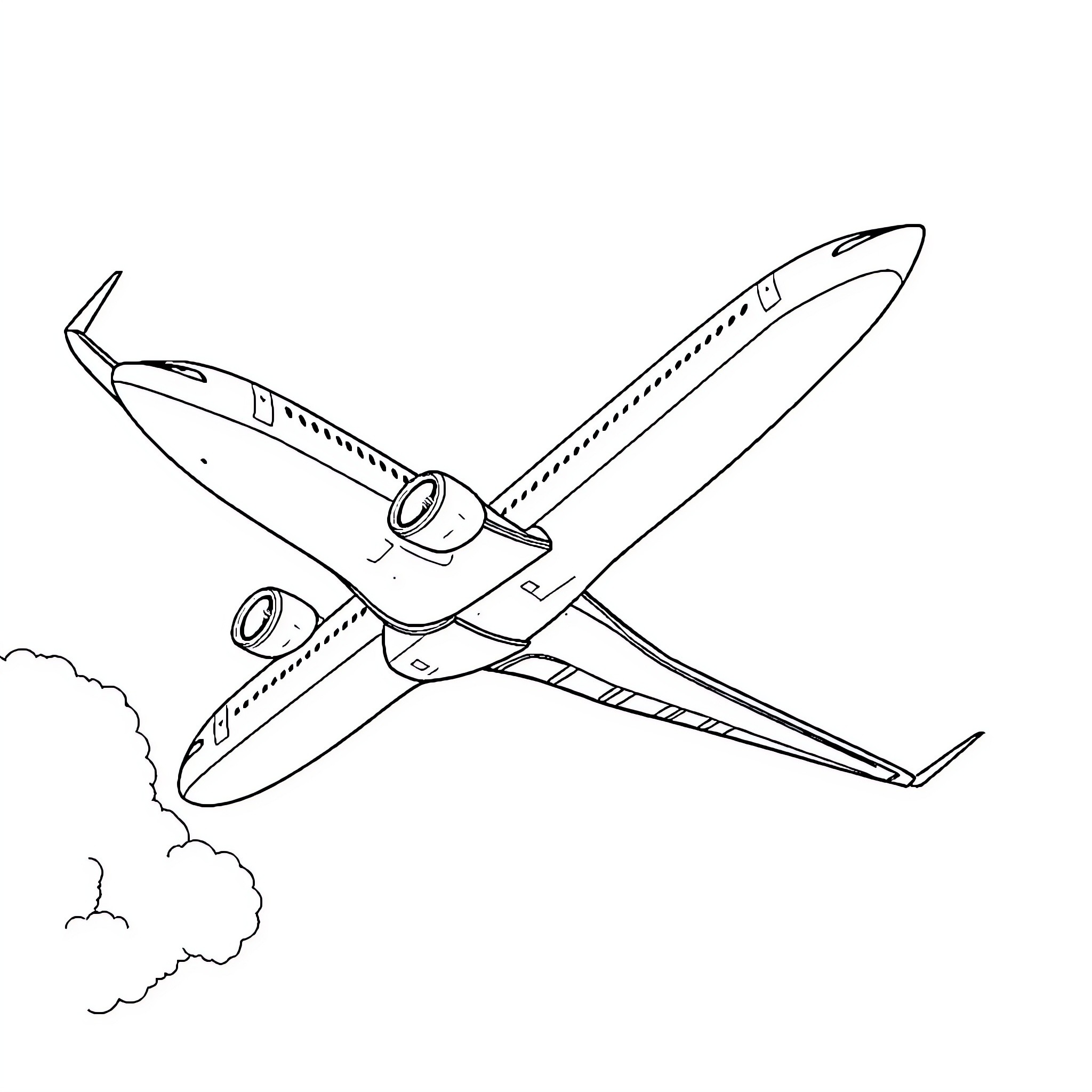Boeing aircraft taking off in the sky Coloring Page (free black-and-white line drawing printable PDF for all, from beginners to advanced learners, including children, teens, adults, and seniors)