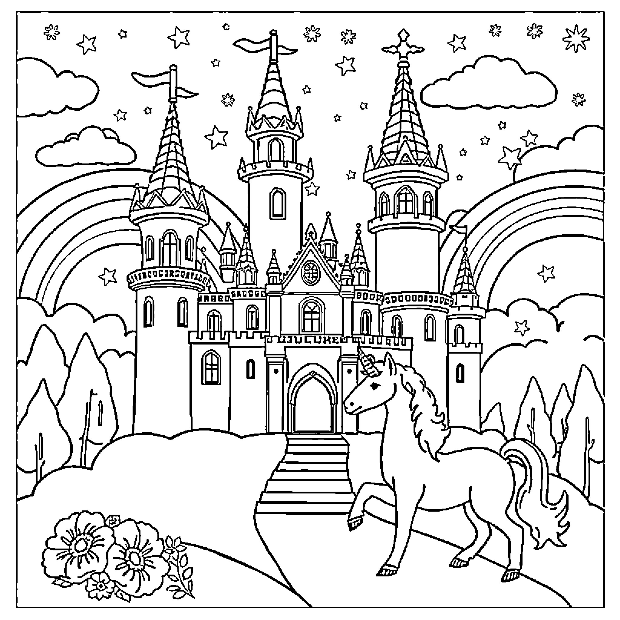 Unicorn at the magical castle in the enchanted forest Coloring Page (free black-and-white line drawing printable PDF for all, from beginners to advanced learners, including children, teens, adults, and seniors)