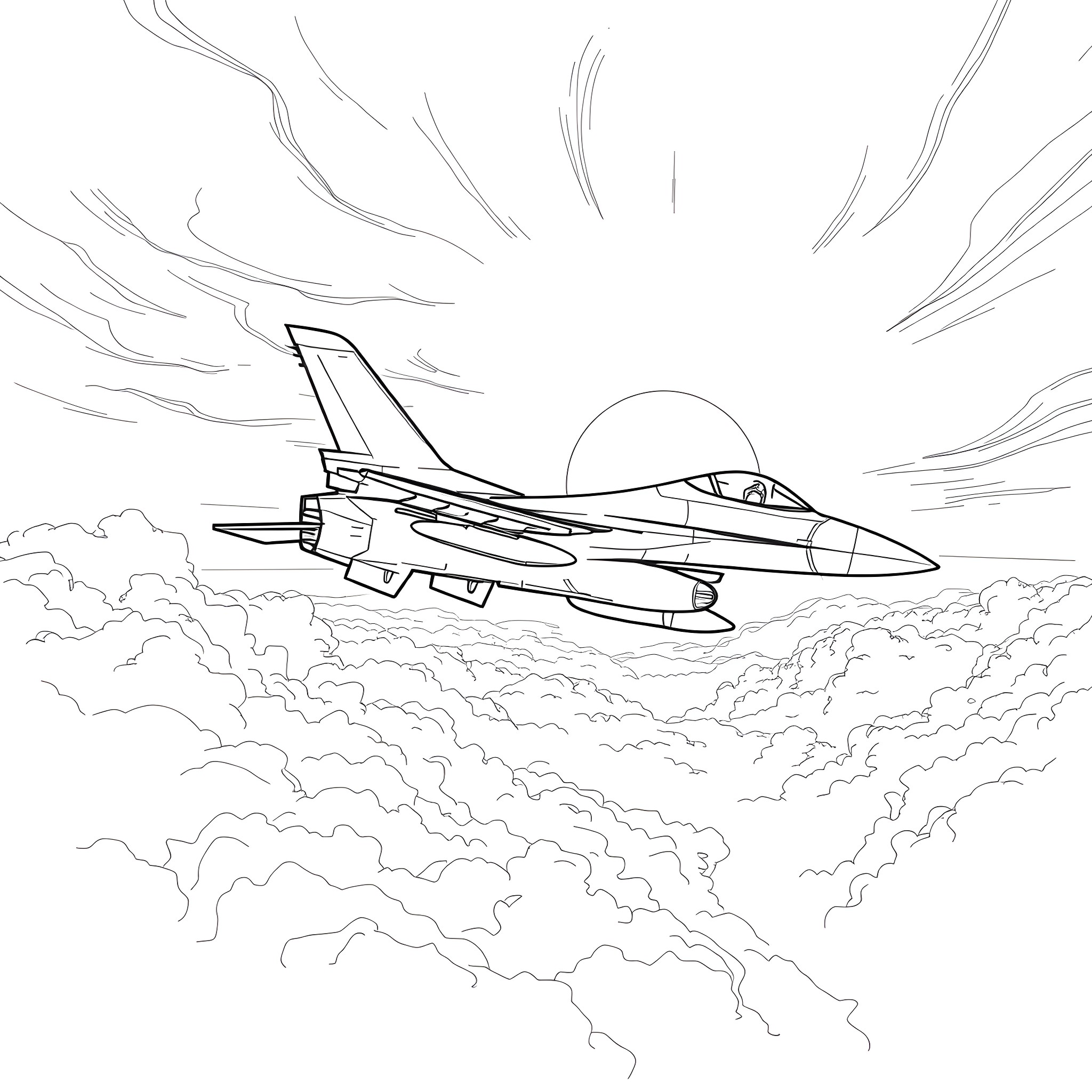 Fighter Jet soaring through the clouds Coloring Page (free black-and-white line drawing printable PDF for all, from beginners to advanced learners, including children, teens, adults, and seniors)