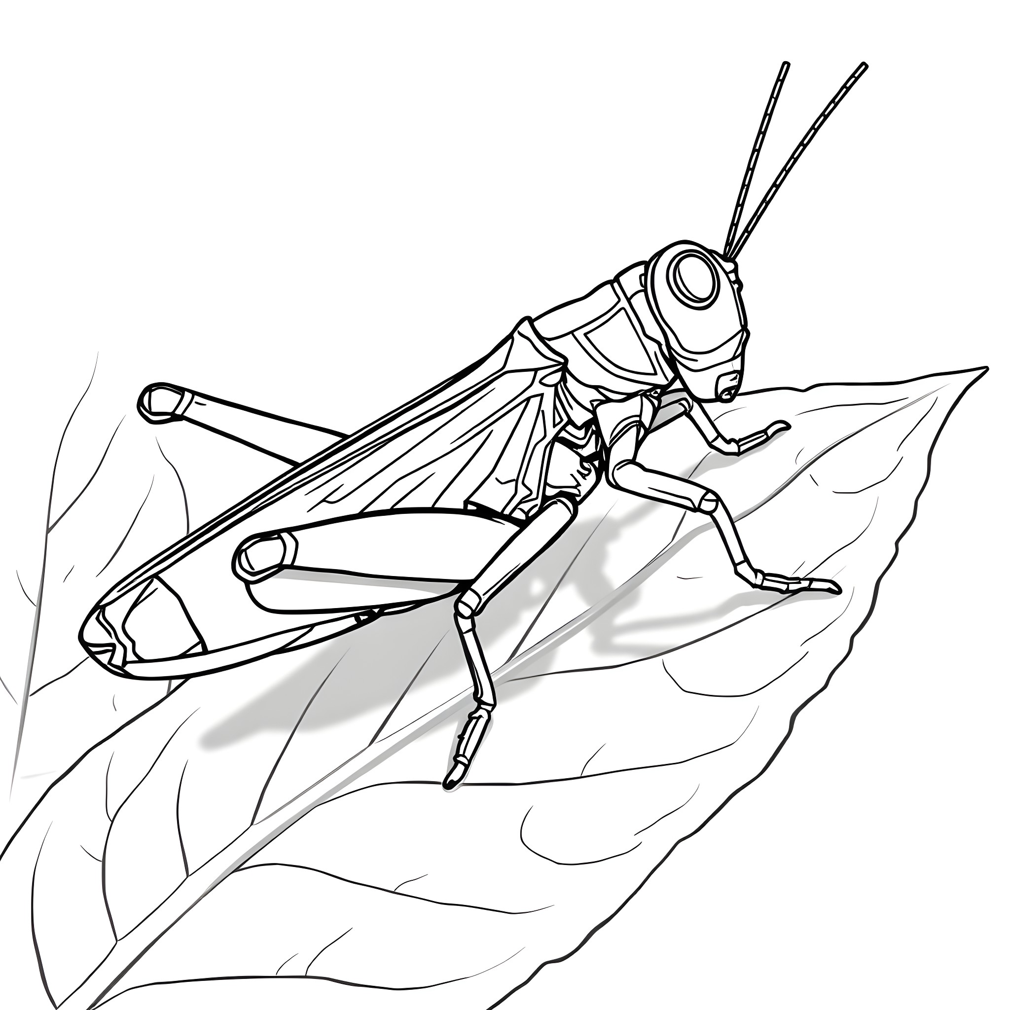 Grasshopper resting on a leaf Coloring Page (free black-and-white line drawing printable PDF for all, from beginners to advanced learners, including children, teens, adults, and seniors)