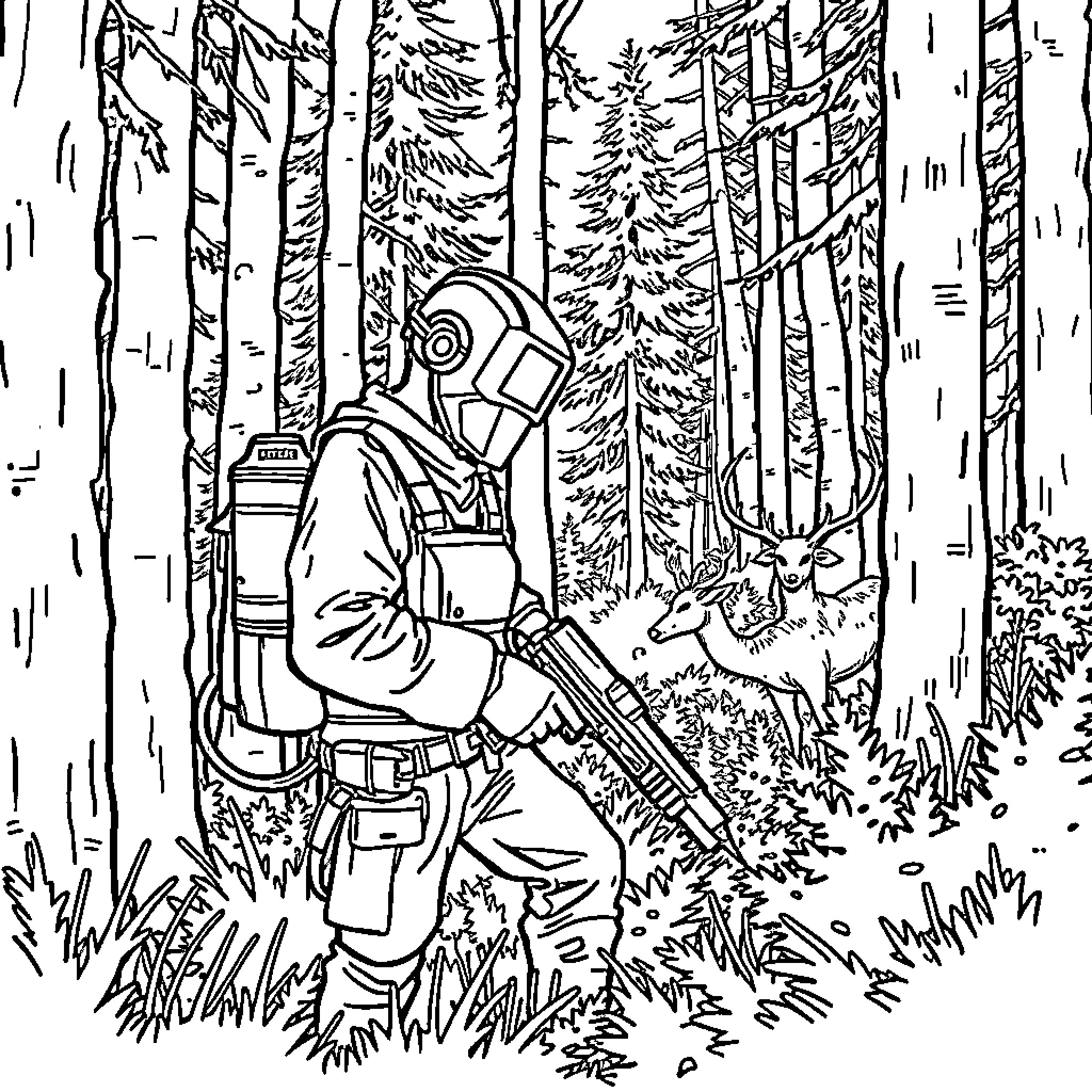Welder working in a forested environment Coloring Page (free black-and-white line drawing printable PDF for all, from beginners to advanced learners, including children, teens, adults, and seniors)