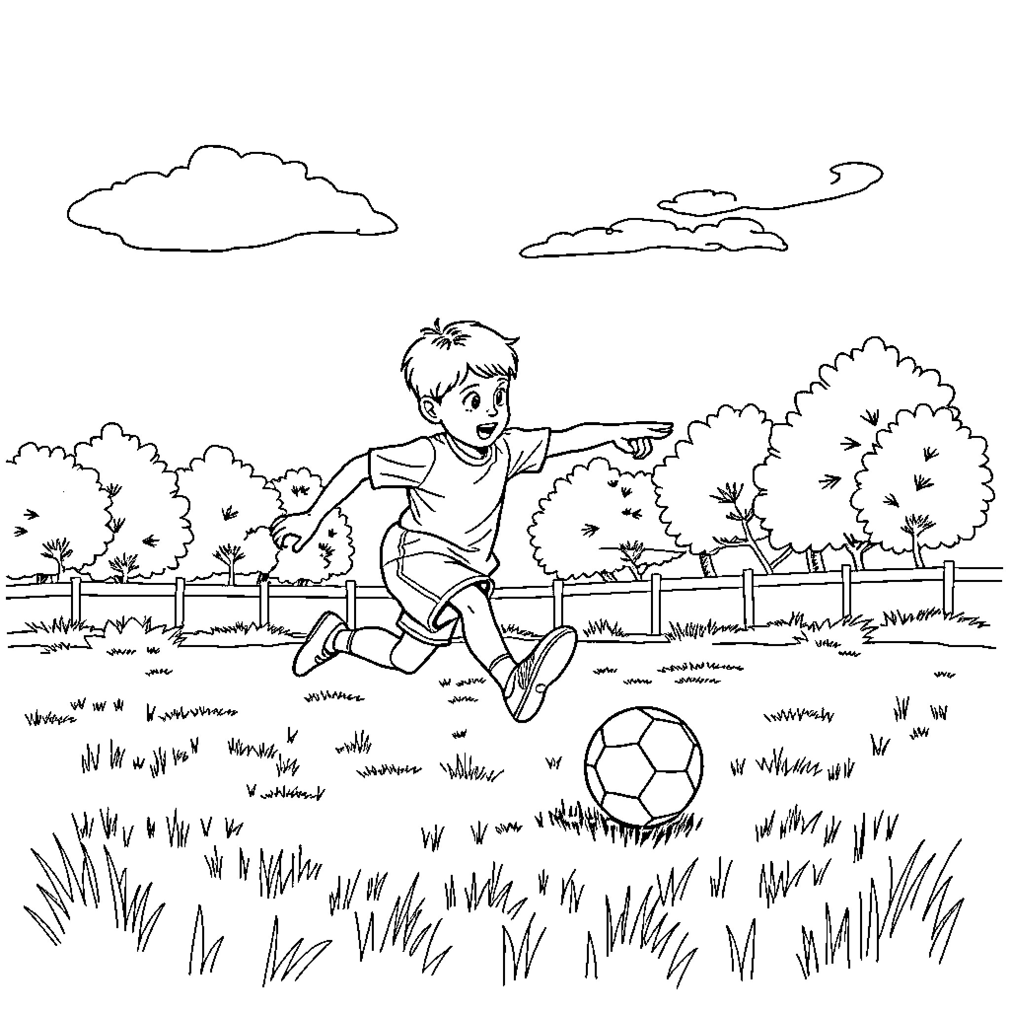 Boy playing joyfully with soccer ball in the park Coloring Page (free black-and-white line drawing printable PDF for all, from beginners to advanced learners, including children, teens, adults, and seniors)