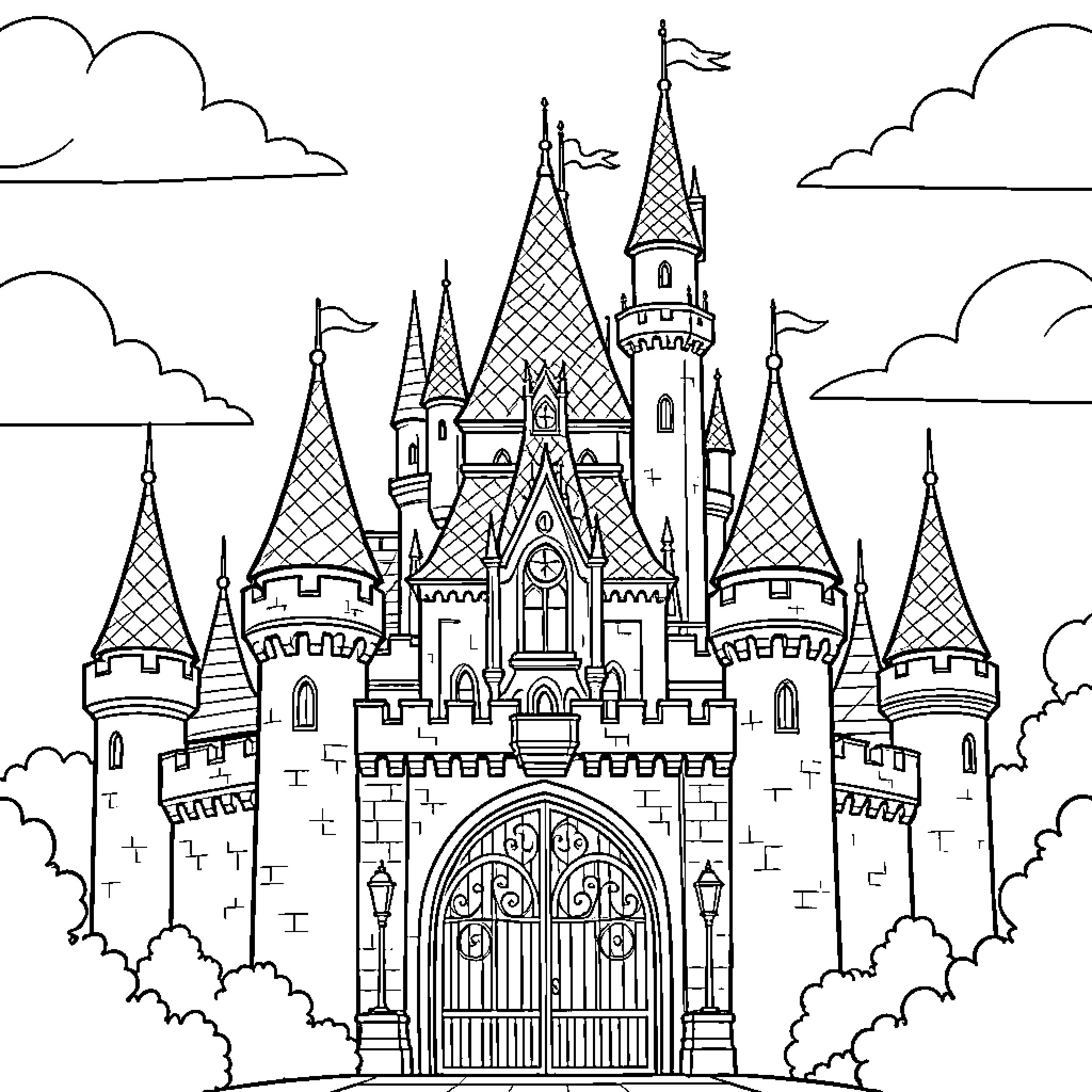 Castle standing tall under a cloudy sky Coloring Page (free black-and-white line drawing printable PDF for all, from beginners to advanced learners, including children, teens, adults, and seniors)