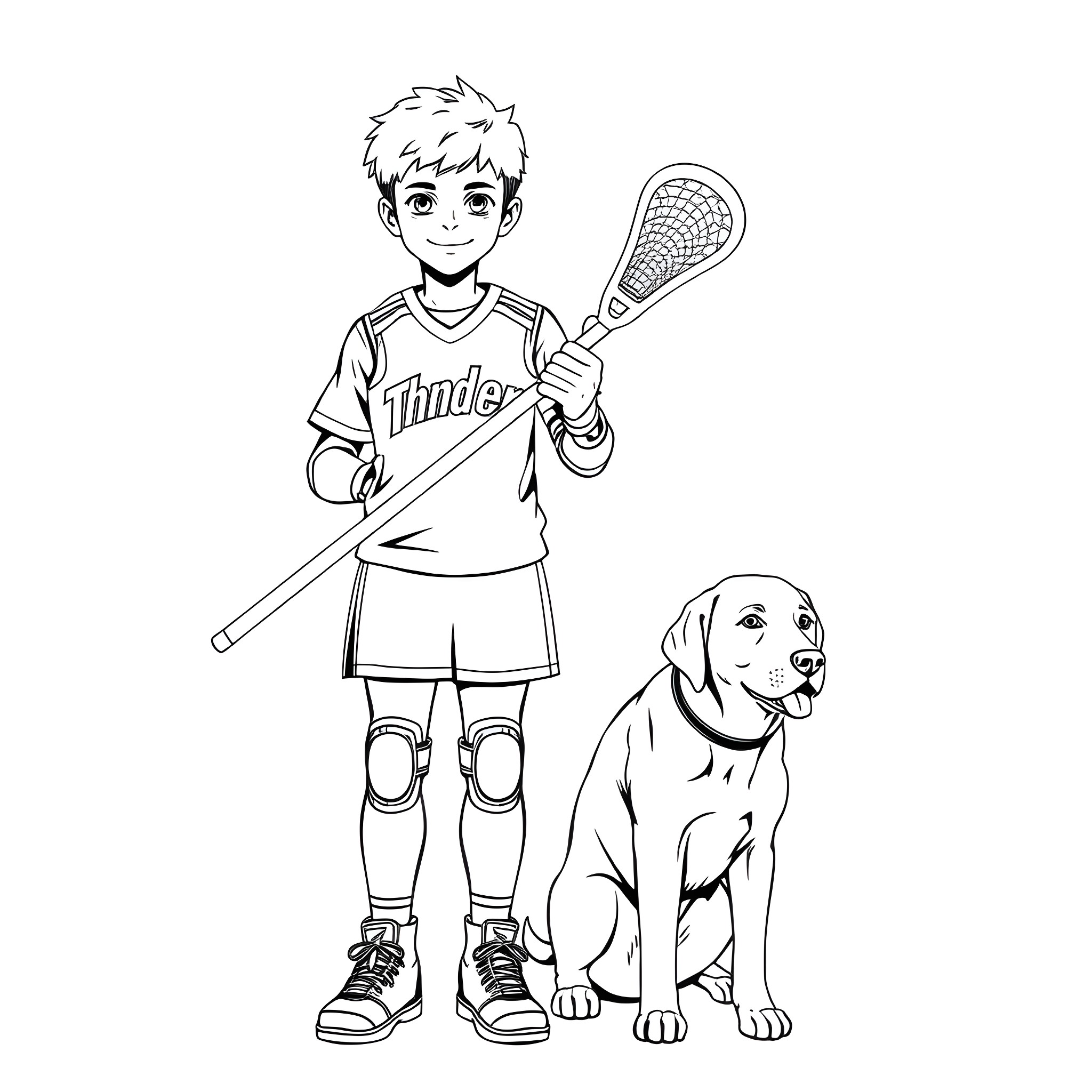 Lacrosse Player with Loyal Companion Coloring Page (free black-and-white line drawing printable PDF for all, from beginners to advanced learners, including children, teens, adults, and seniors)