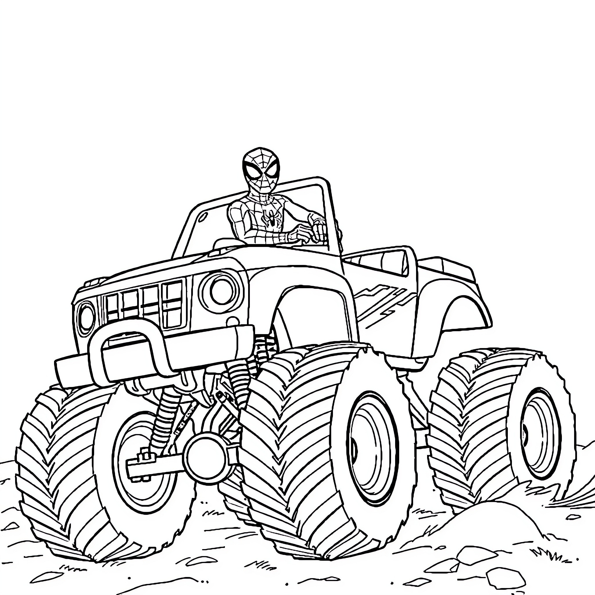 Spiderman driving a monster truck through the outdoors Coloring Page (free black-and-white line drawing printable PDF for all, from beginners to advanced learners, including children, teens, adults, and seniors)