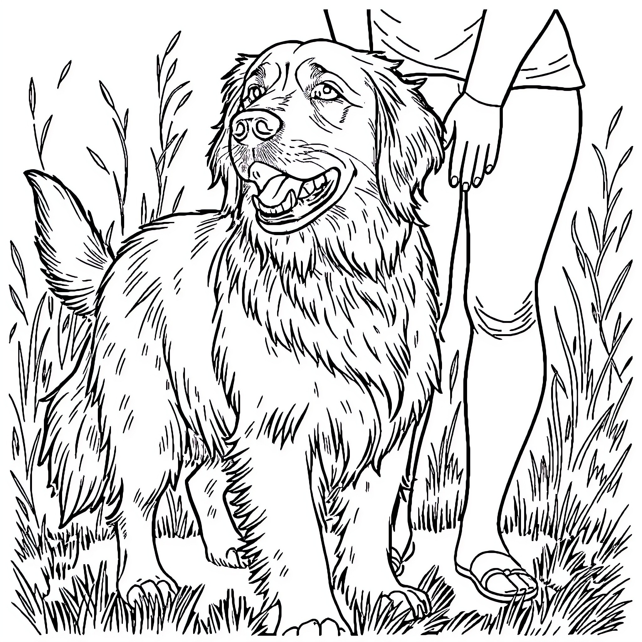 Retriever playing happily in a grassy field Coloring Page (free black-and-white line drawing printable PDF for all, from beginners to advanced learners, including children, teens, adults, and seniors)