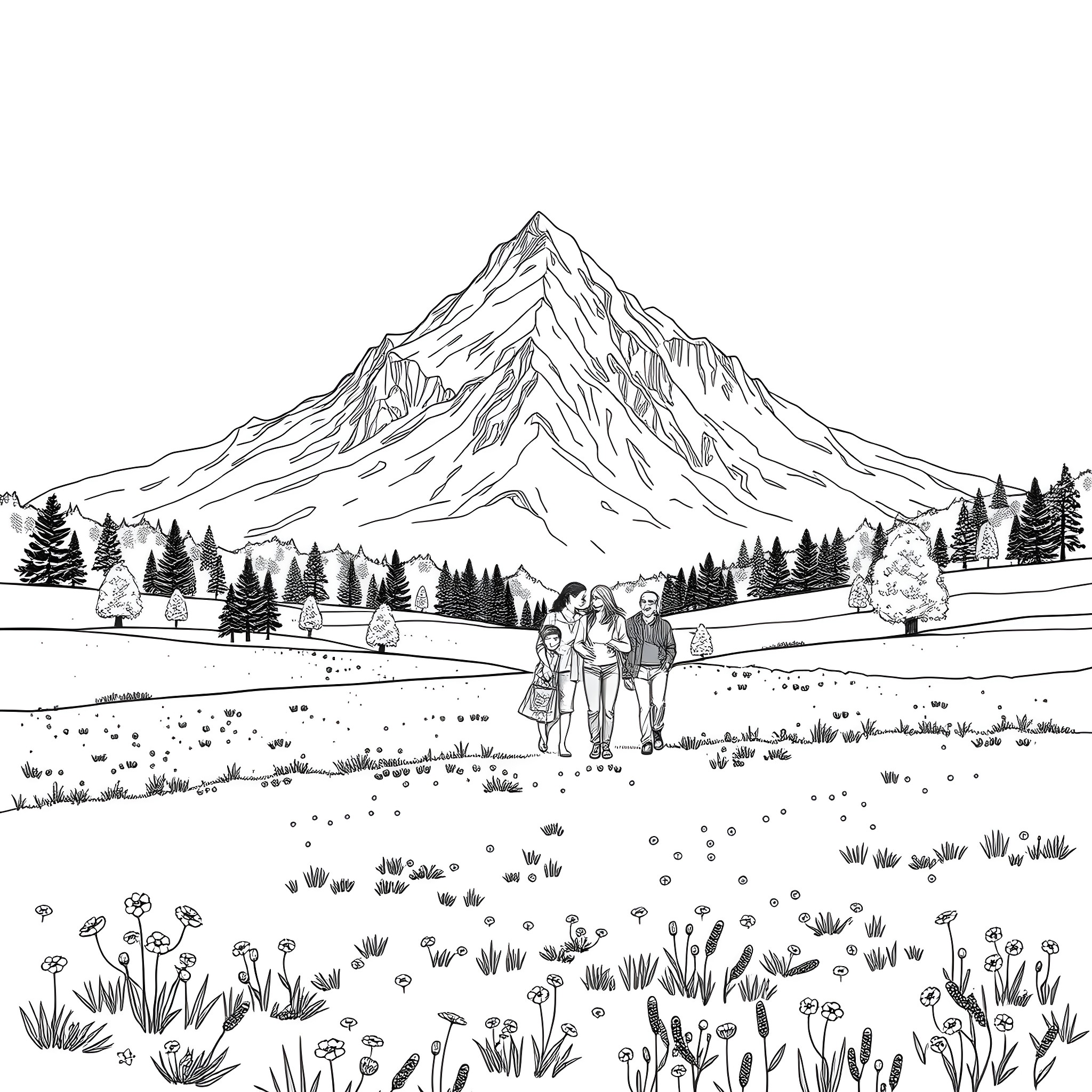 Family Exploring Scenic Mountain Landscape Coloring Page (free black-and-white line drawing printable PDF for all, from beginners to advanced learners, including children, teens, adults, and seniors)