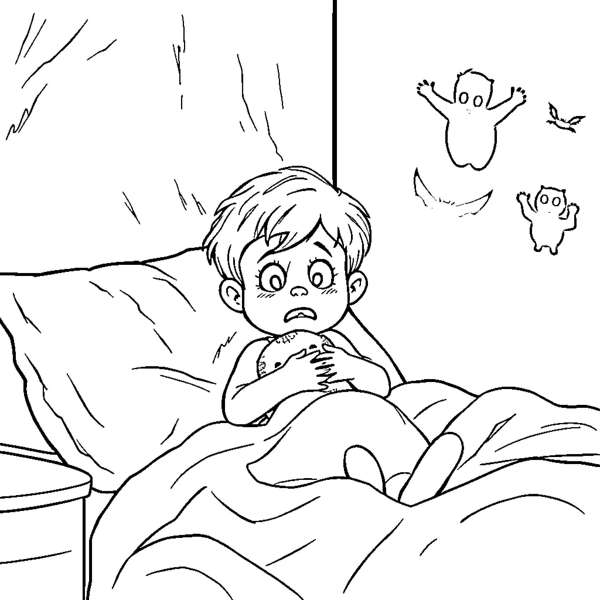 Child scared by ghostly figures in bed Coloring Page (free black-and-white line drawing printable PDF for all, from beginners to advanced learners, including children, teens, adults, and seniors)
