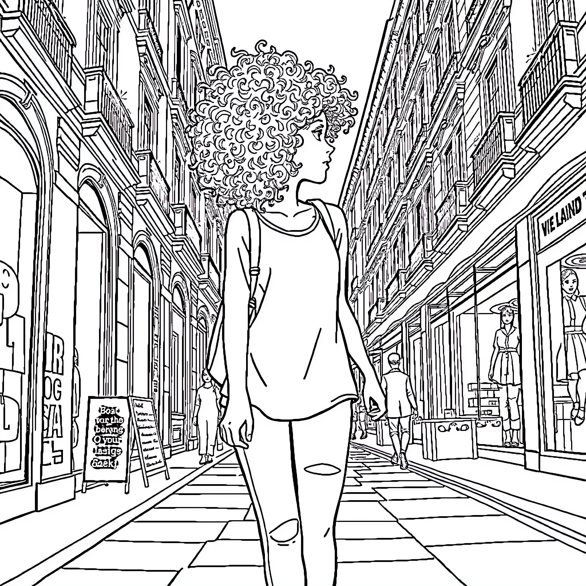 Girl exploring a city street Coloring Page (free black-and-white line drawing printable PDF for all, from beginners to advanced learners, including children, teens, adults, and seniors)