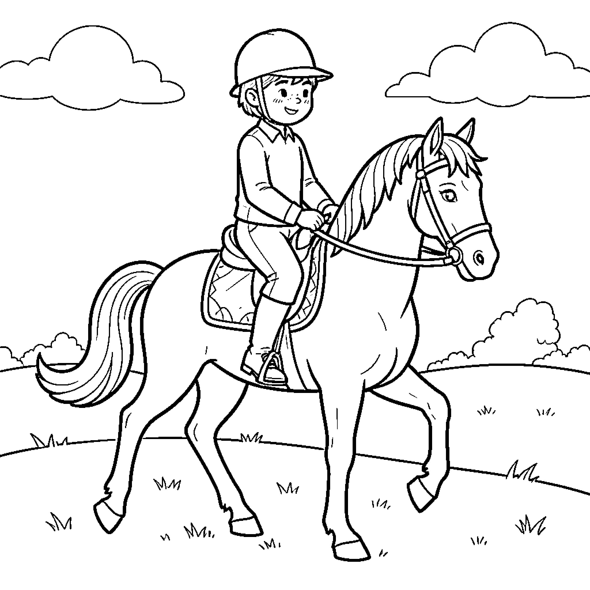 Rubben riding a horse through a grassy field Coloring Page (free black-and-white line drawing printable PDF for all, from beginners to advanced learners, including children, teens, adults, and seniors)