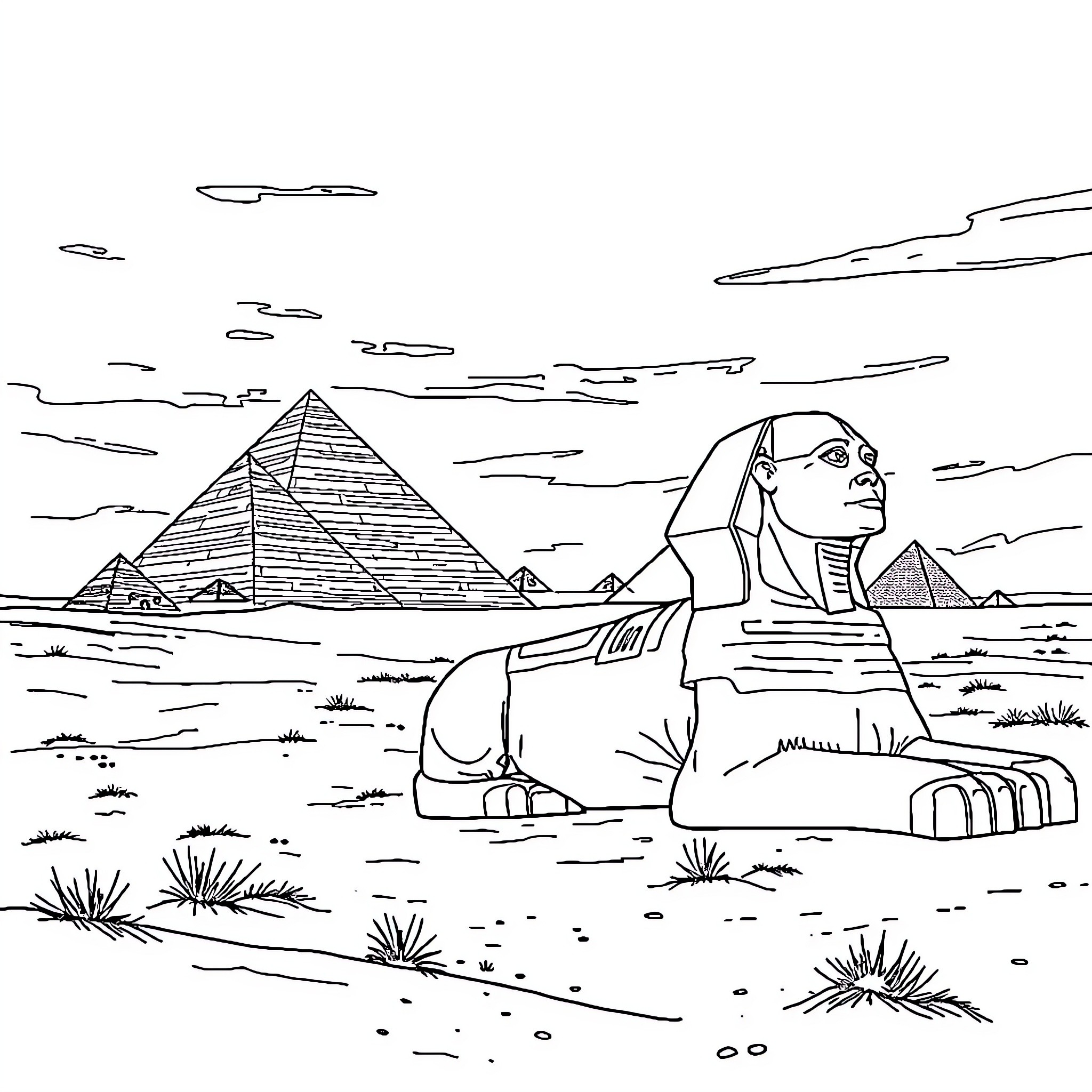 Egypt's Ancient Landscape and Monuments Coloring Page (free black-and-white line drawing printable PDF for all, from beginners to advanced learners, including children, teens, adults, and seniors)