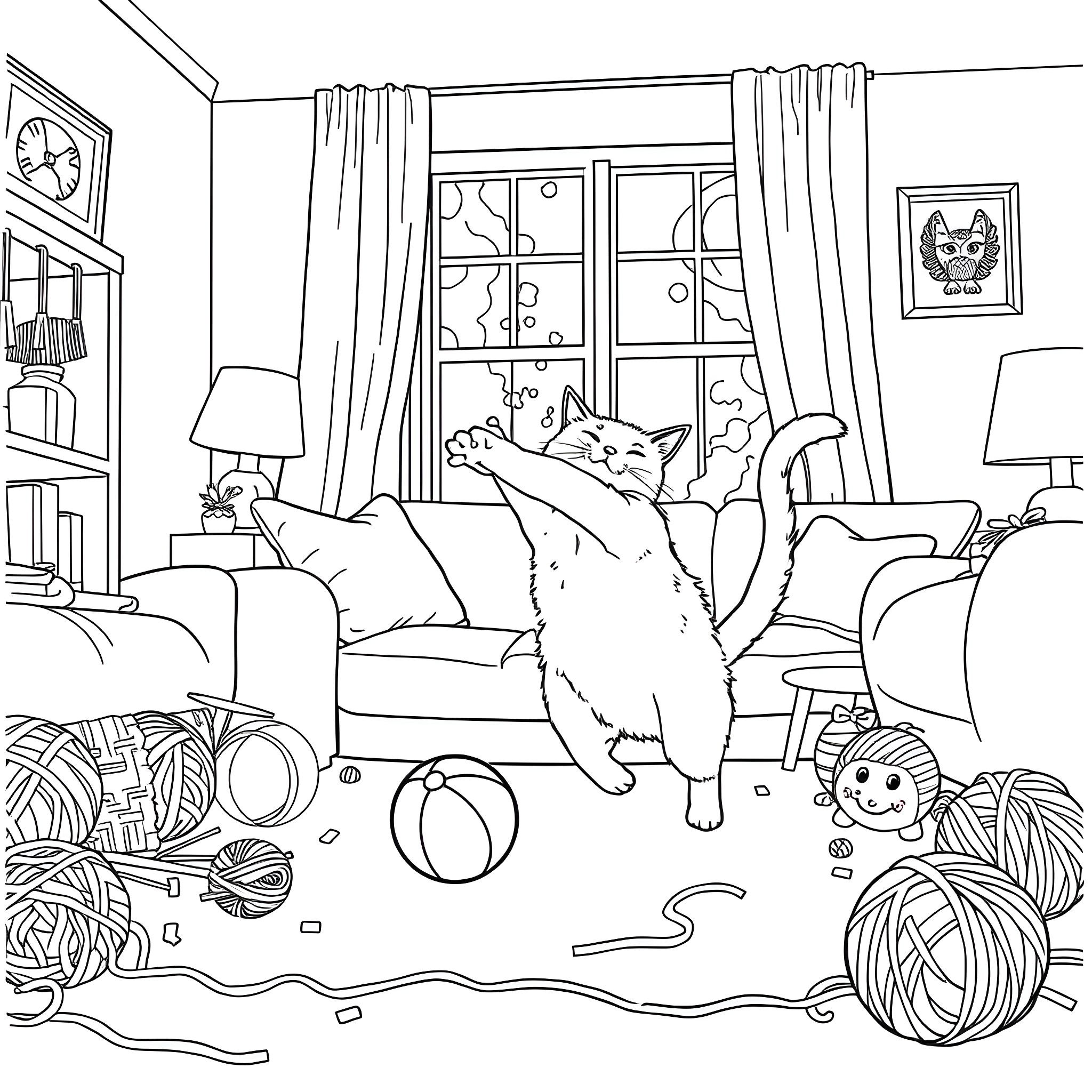 Cat lounging playfully in the cozy living room Coloring Page (free black-and-white line drawing printable PDF for all, from beginners to advanced learners, including children, teens, adults, and seniors)