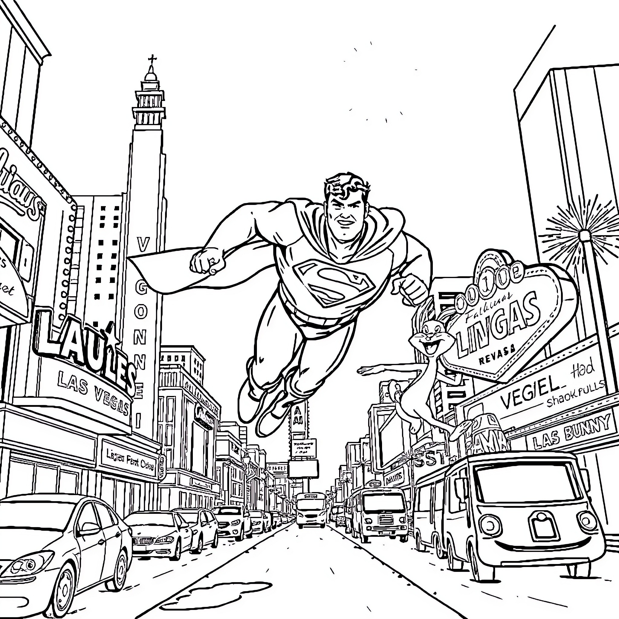 Superman saving the city in action Coloring Page (free black-and-white line drawing printable PDF for all, from beginners to advanced learners, including children, teens, adults, and seniors)