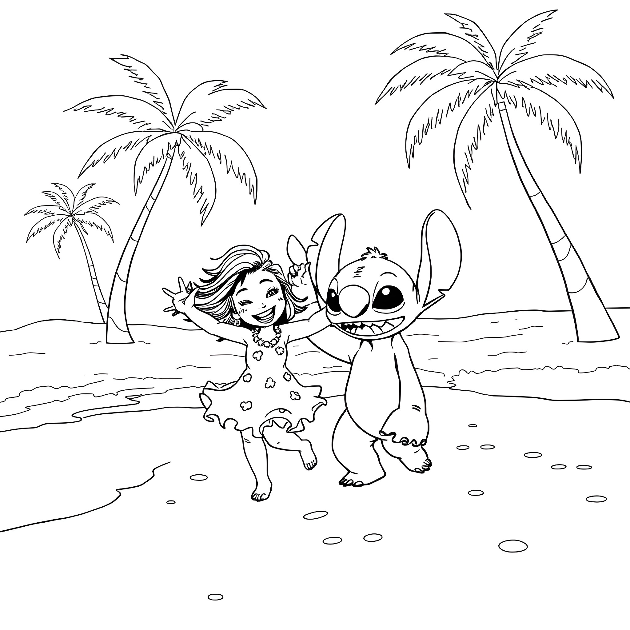 Lilo Stitch dancing joyfully on the beach Coloring Page (free black-and-white line drawing printable PDF for all, from beginners to advanced learners, including children, teens, adults, and seniors)