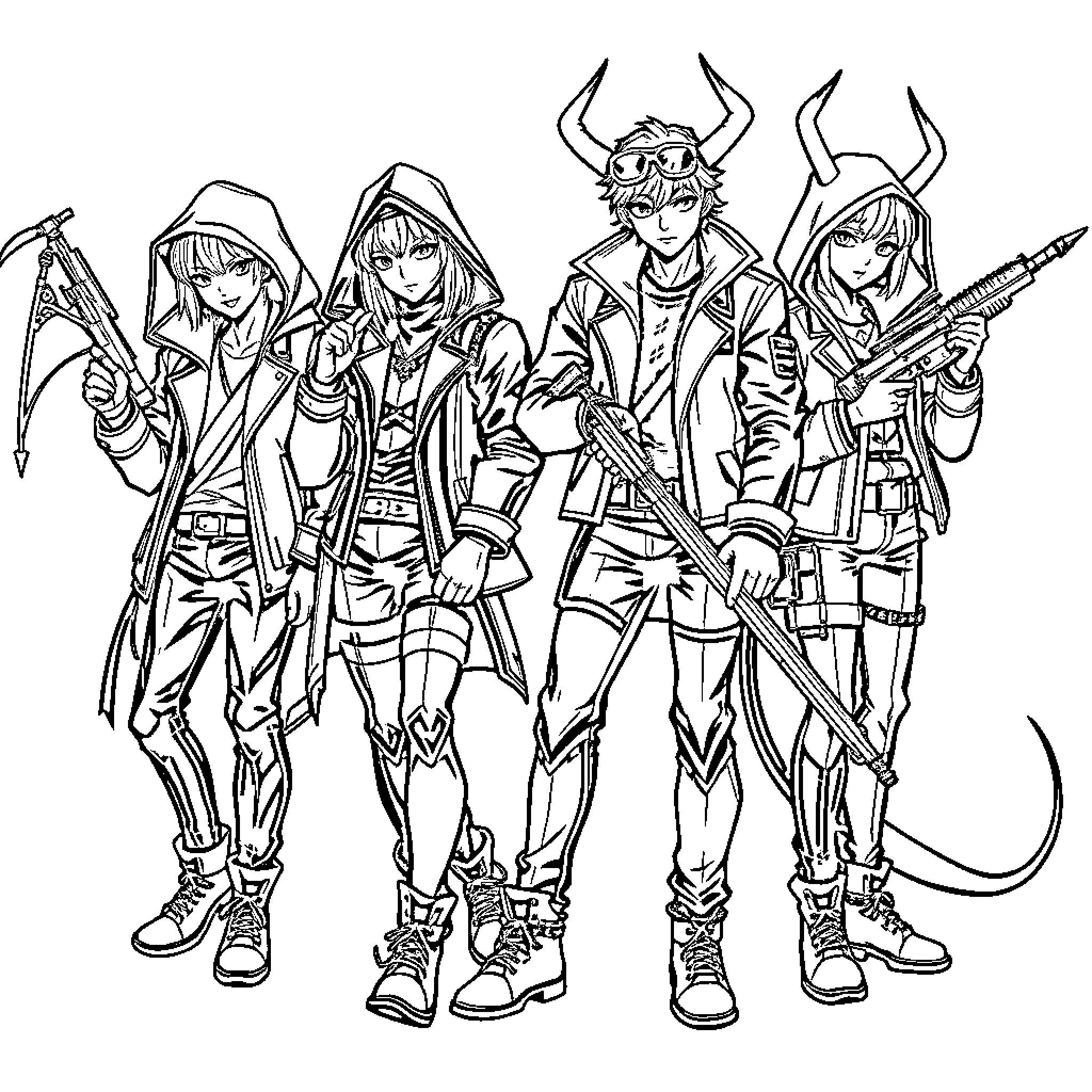Kpop Demon Hunter Squad in Action Coloring Page (free black-and-white line drawing printable PDF for all, from beginners to advanced learners, including children, teens, adults, and seniors)