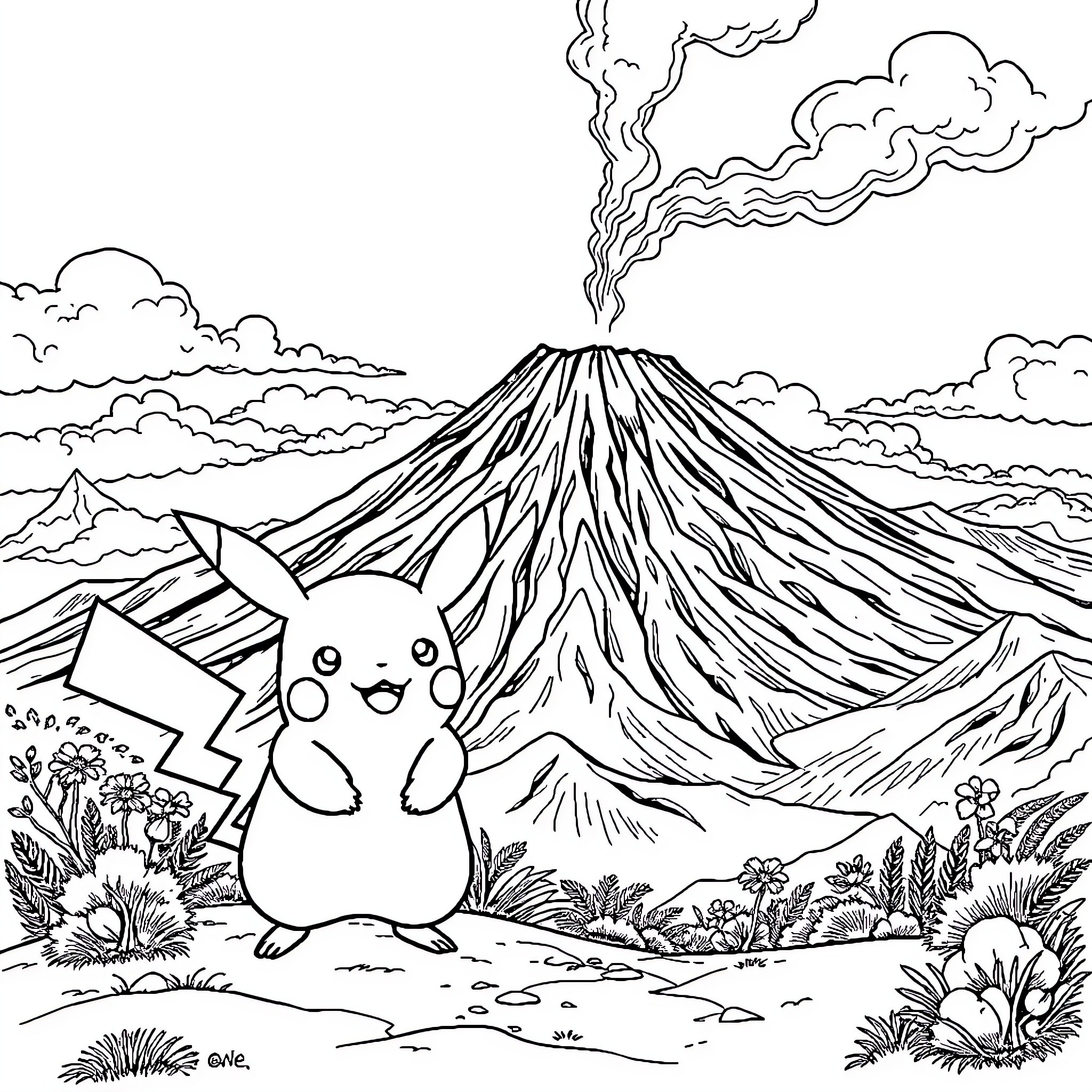 Pikachu explores the volcanic landscape Coloring Page (free black-and-white line drawing printable PDF for all, from beginners to advanced learners, including children, teens, adults, and seniors)