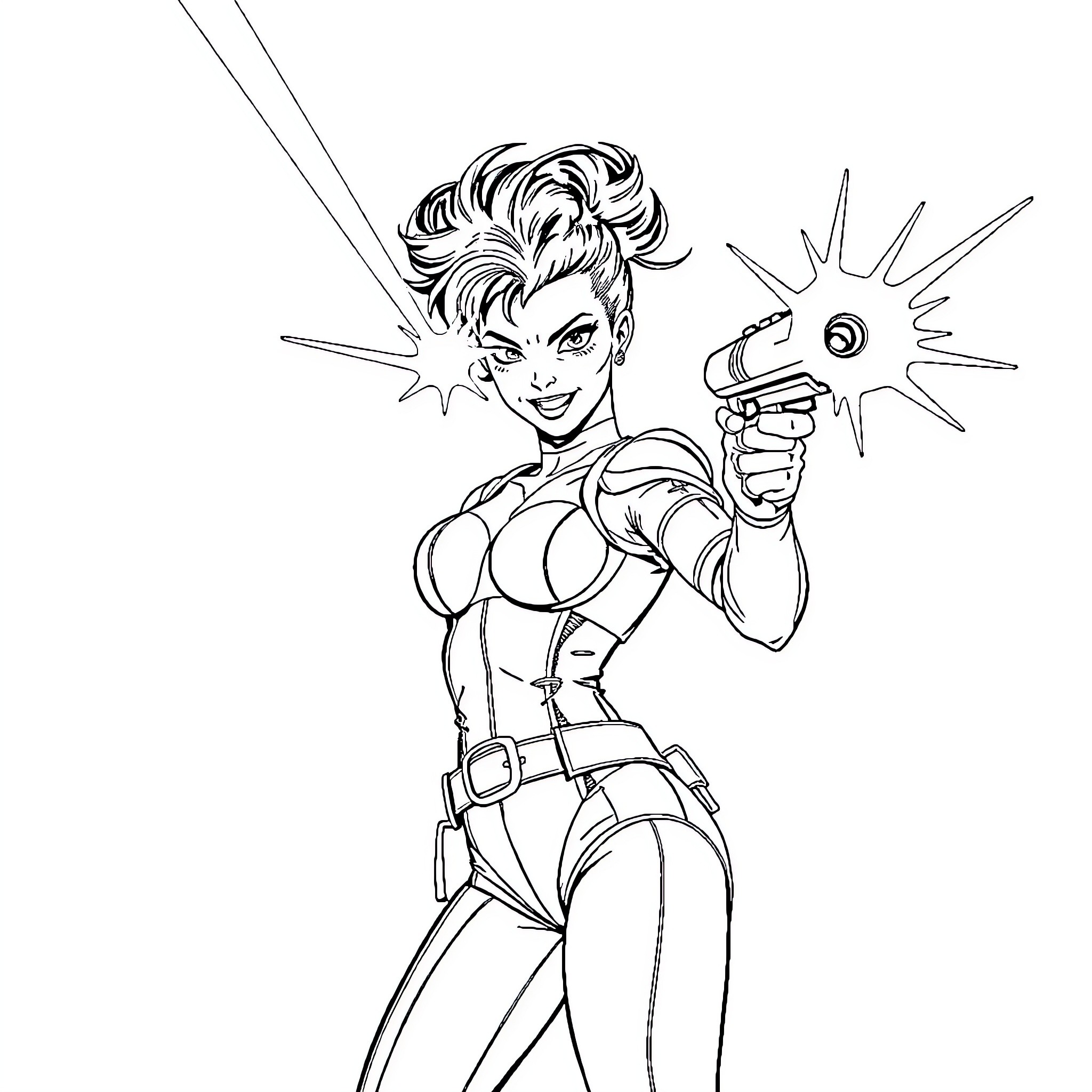 Jubilee's Energetic Pose with Gun Coloring Page (free black-and-white line drawing printable PDF for all, from beginners to advanced learners, including children, teens, adults, and seniors)