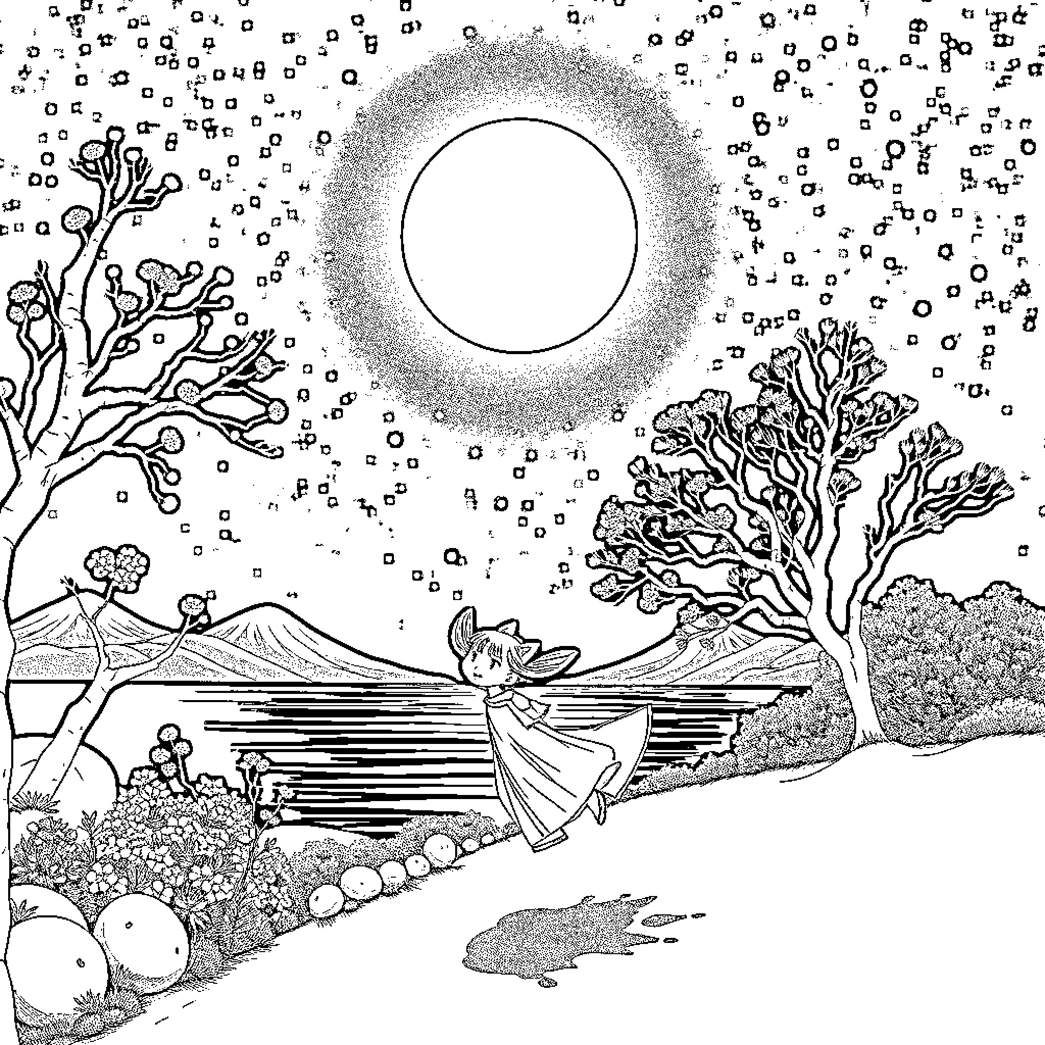 Nezuko enjoying a moonlit stroll in the garden Coloring Page (free black-and-white line drawing printable PDF for all, from beginners to advanced learners, including children, teens, adults, and seniors)