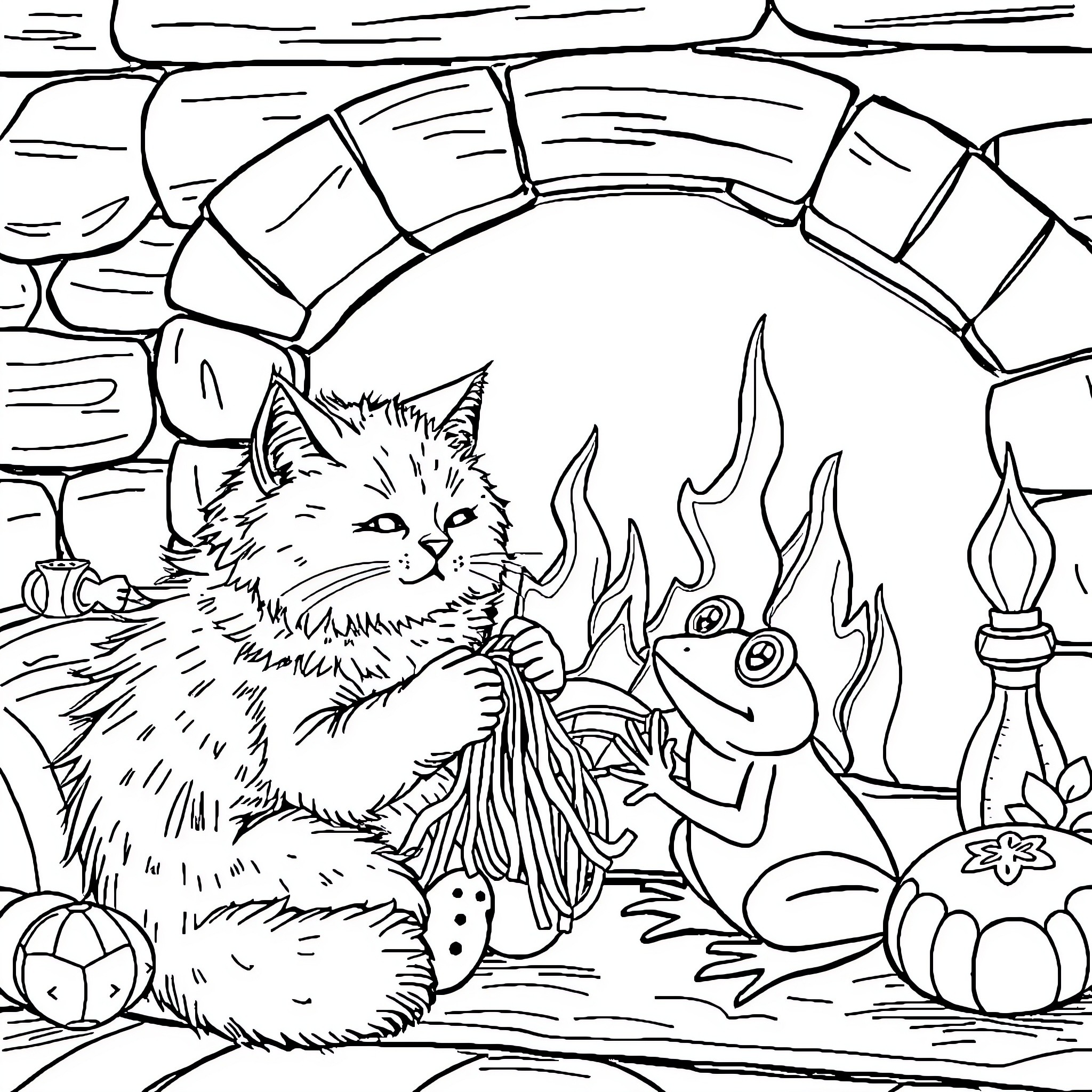 Cat Relaxing by the Fireplace Coloring Page (free black-and-white line drawing printable PDF for all, from beginners to advanced learners, including children, teens, adults, and seniors)
