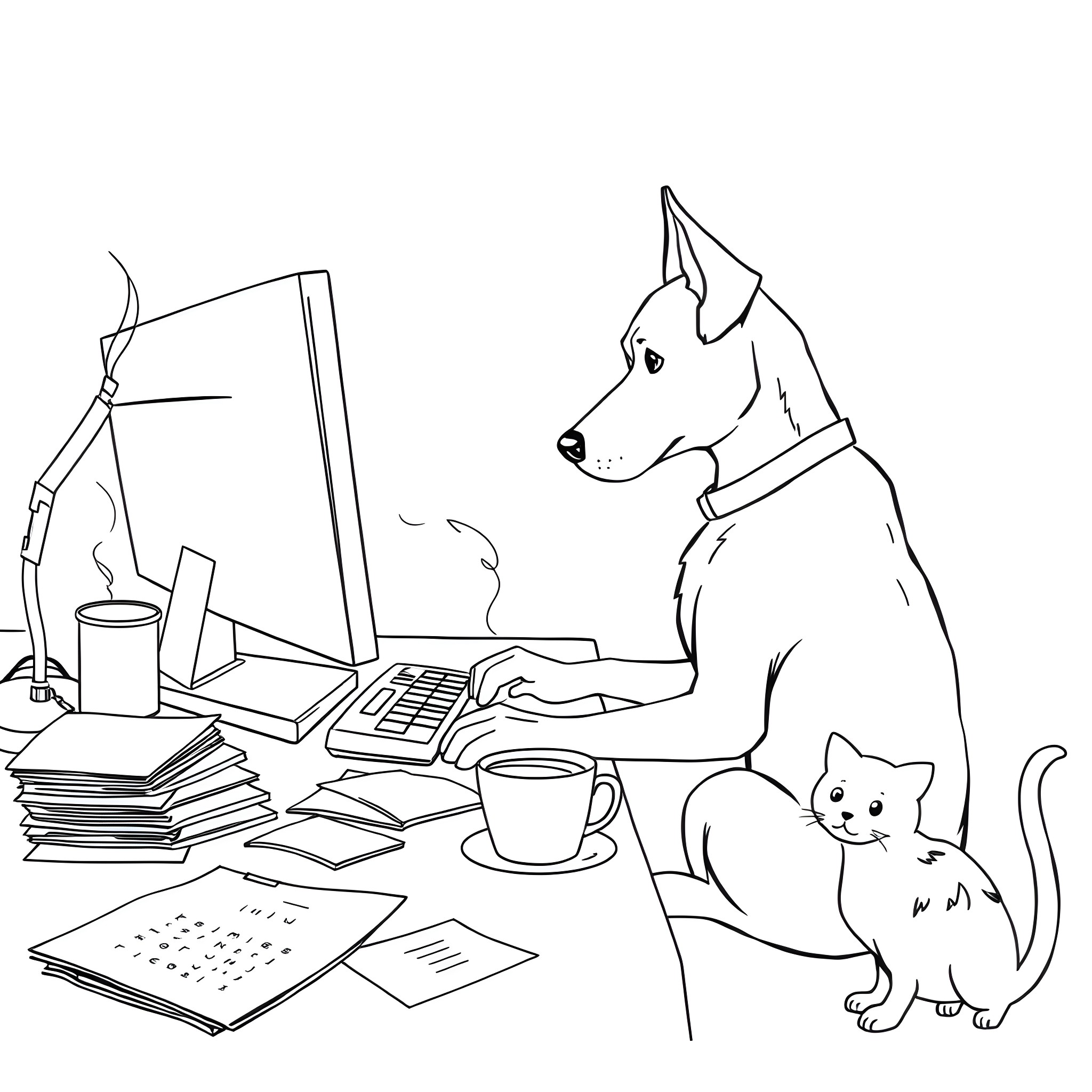 Dog working diligently at desk with cat companion Coloring Page (free black-and-white line drawing printable PDF for all, from beginners to advanced learners, including children, teens, adults, and seniors)