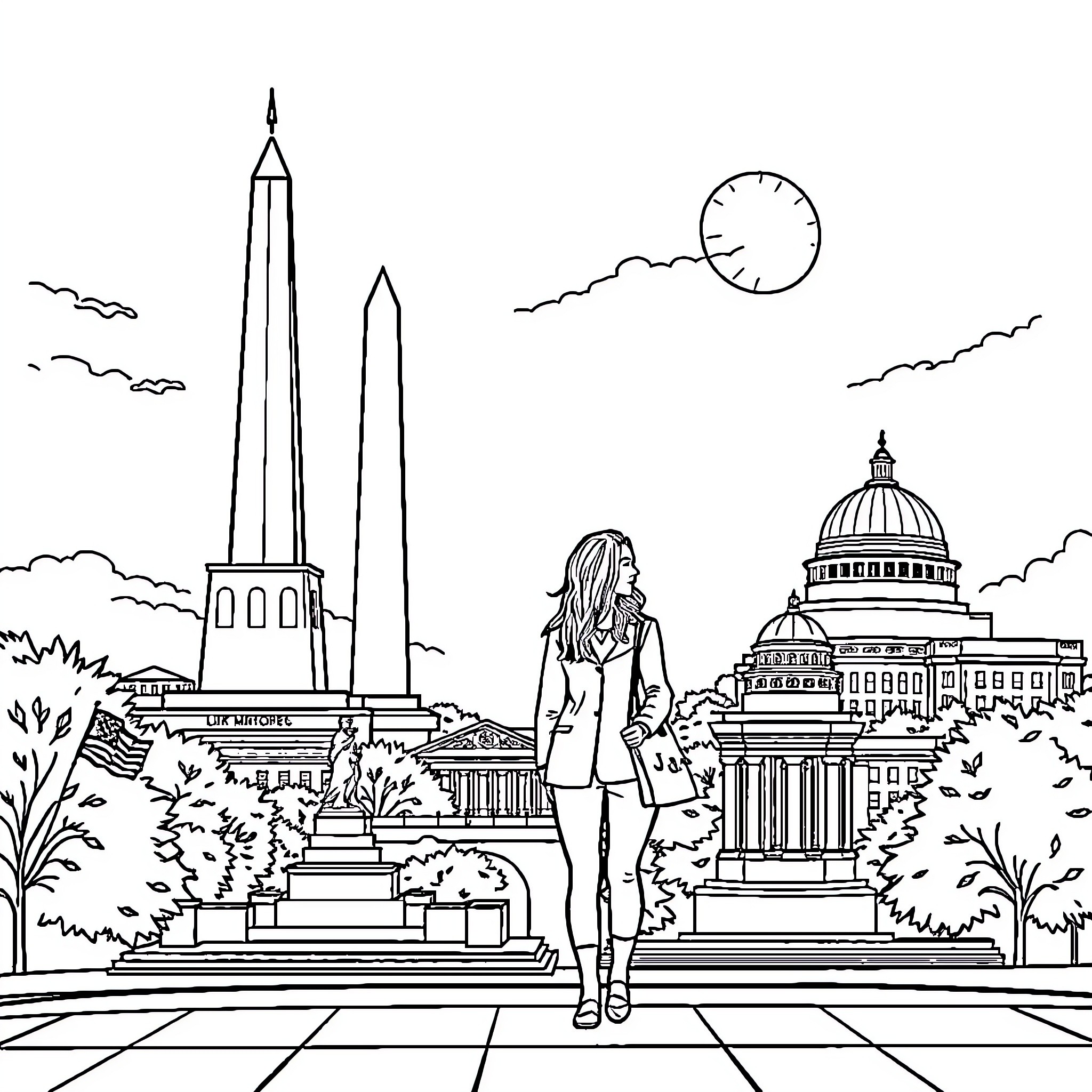 Couple exploring scenic landmarks of the city Coloring Page (free black-and-white line drawing printable PDF for all, from beginners to advanced learners, including children, teens, adults, and seniors)