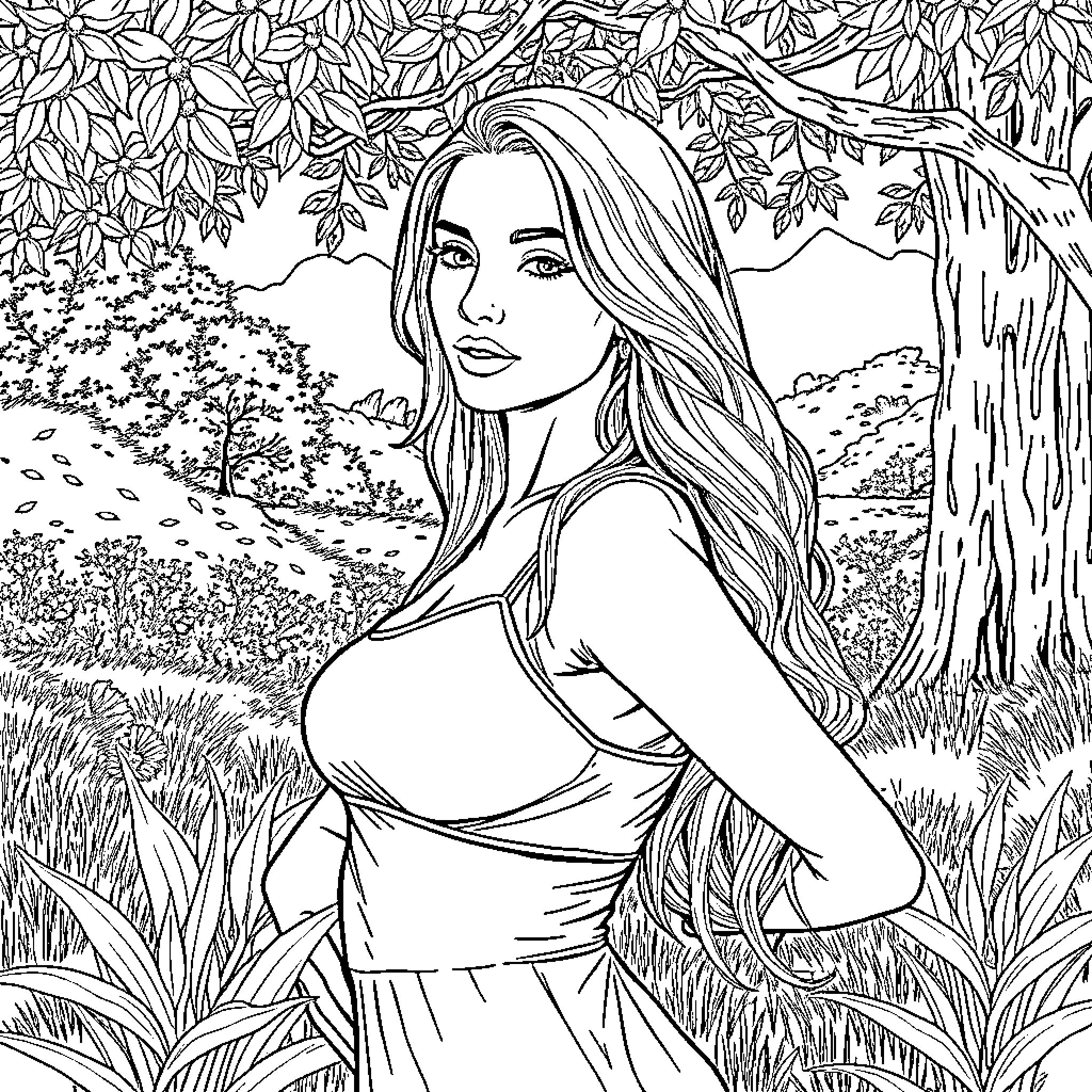 Girl in nature admiring the surroundings Coloring Page (free black-and-white line drawing printable PDF for all, from beginners to advanced learners, including children, teens, adults, and seniors)