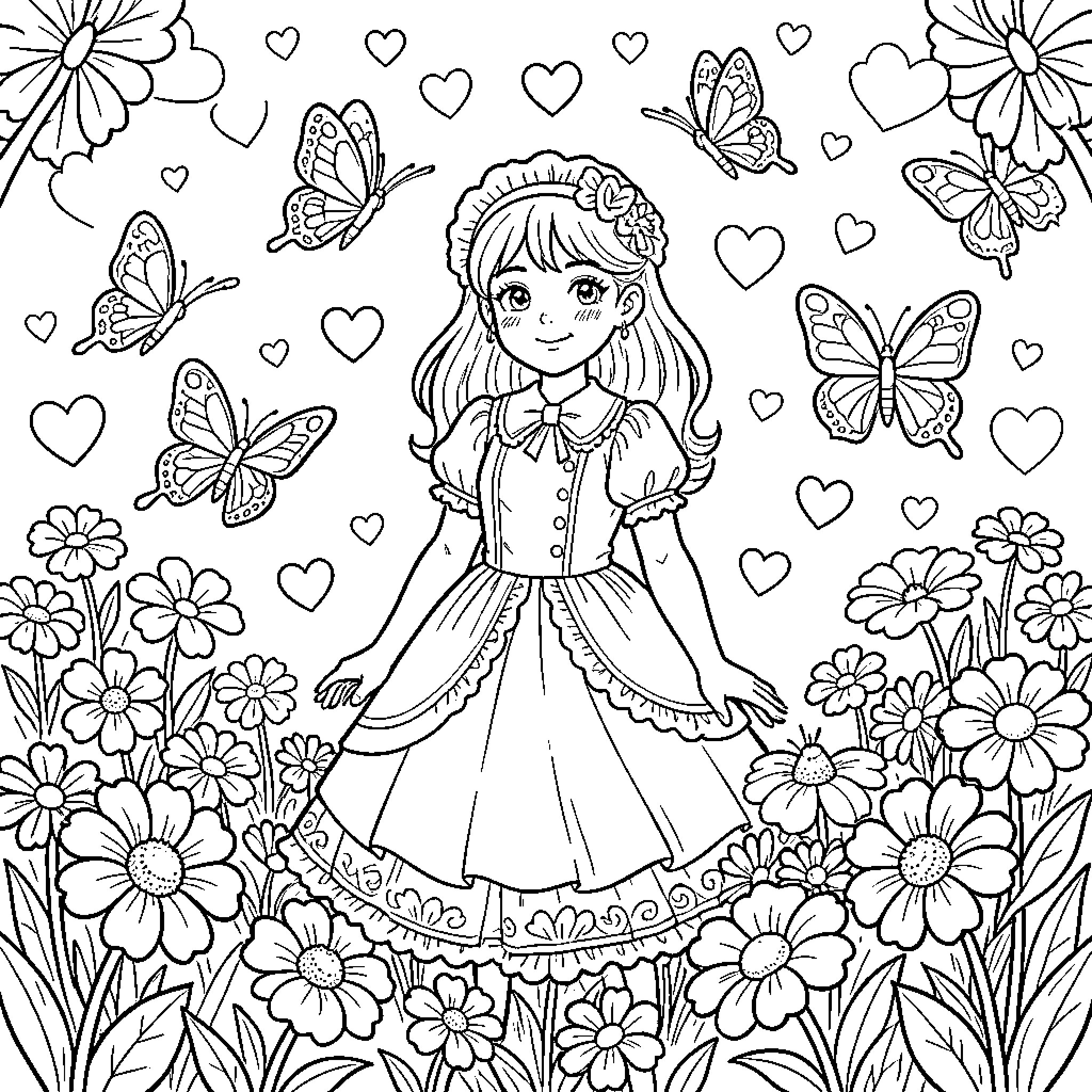 Minnie standing happily amidst butterflies and blooming flowers Coloring Page (free black-and-white line drawing printable PDF for all, from beginners to advanced learners, including children, teens, adults, and seniors)