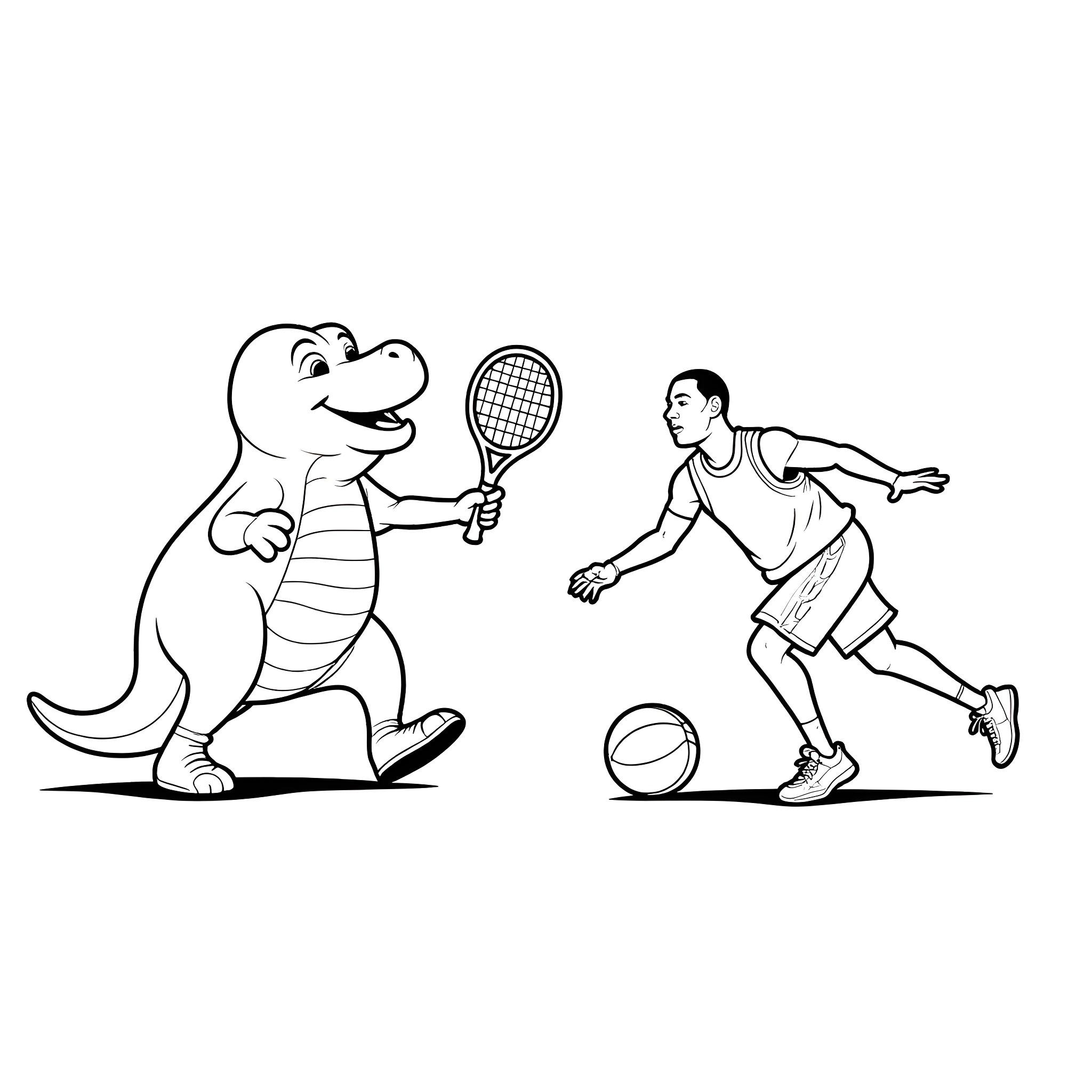 Barney the Dinosaur playing tennis with a young boy Coloring Page (free black-and-white line drawing printable PDF for all, from beginners to advanced learners, including children, teens, adults, and seniors)