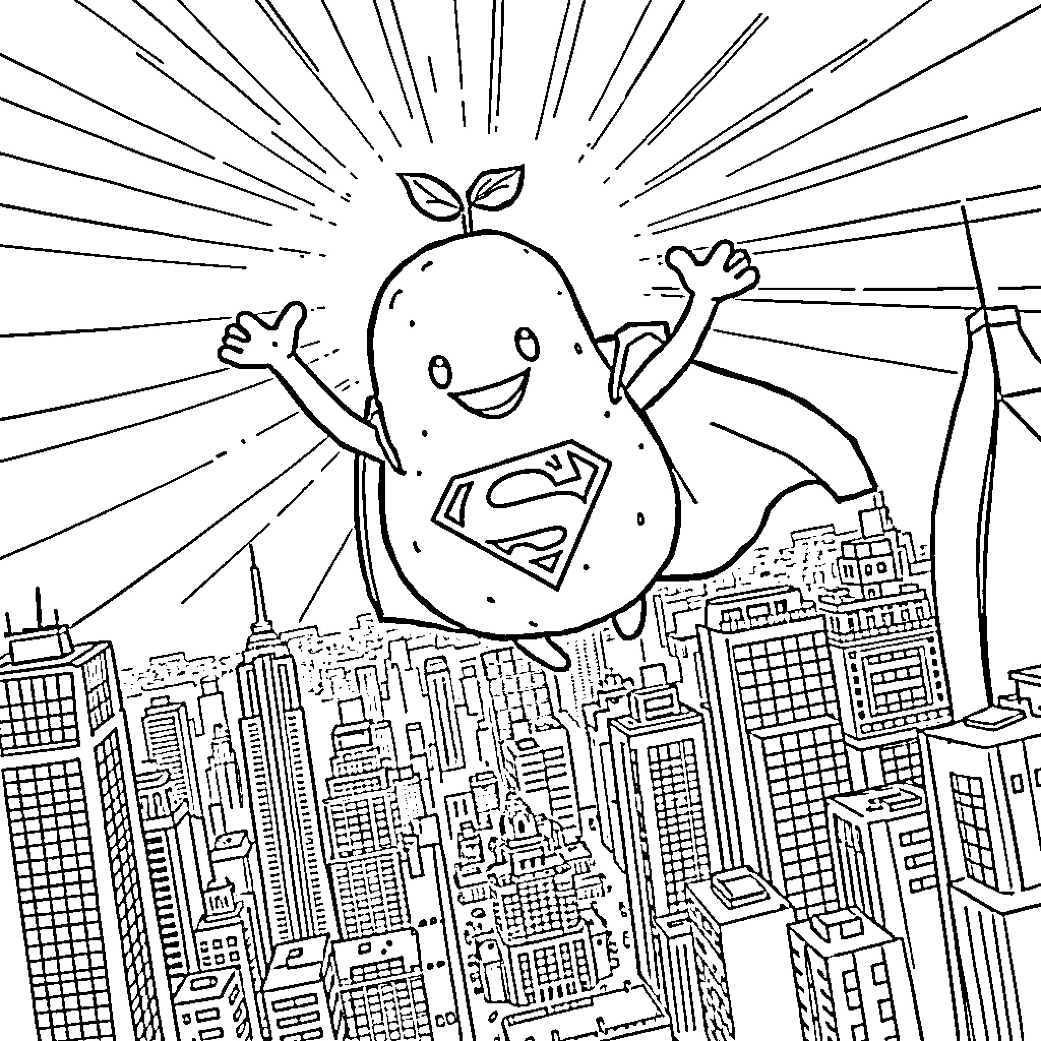 Potato superhero soaring over cityscape Coloring Page (free black-and-white line drawing printable PDF for all, from beginners to advanced learners, including children, teens, adults, and seniors)