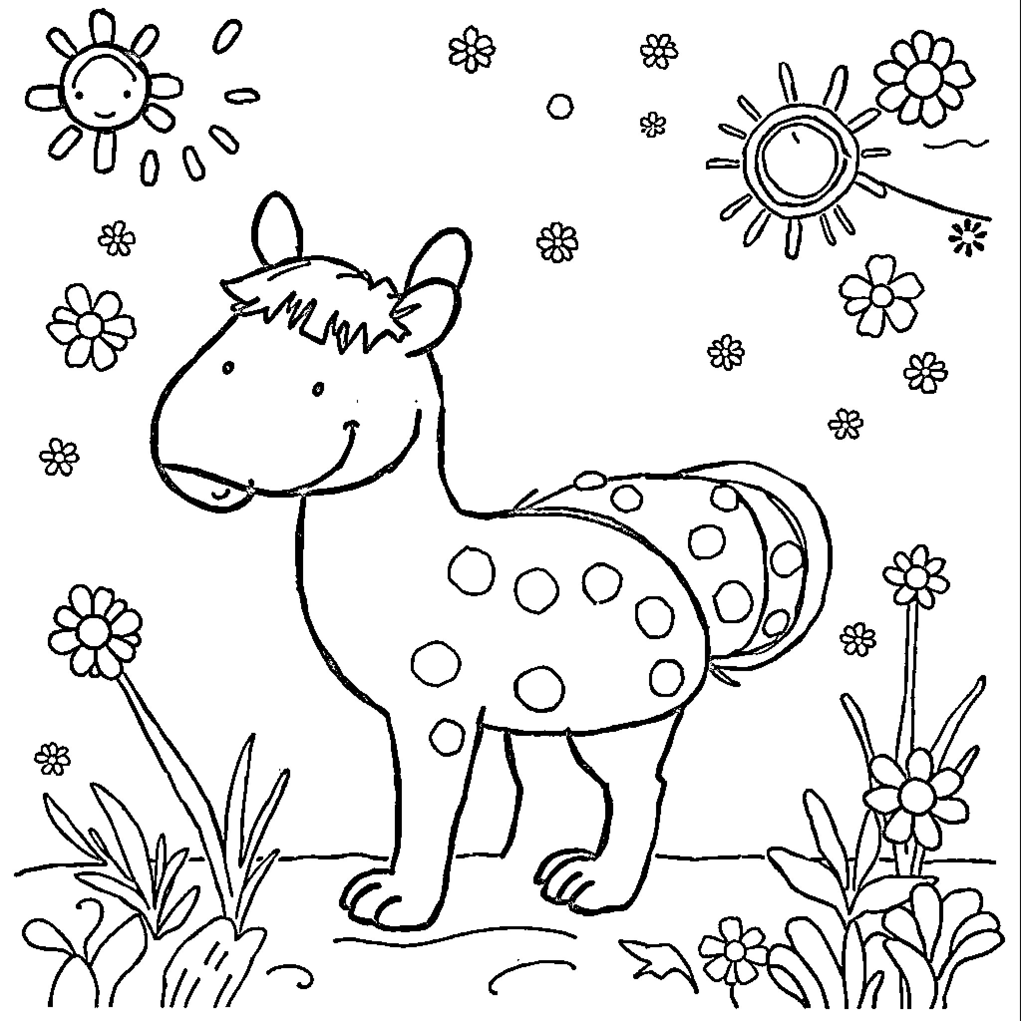 K Club Coloring Page with Spotted Animal and Flowers Coloring Page (free black-and-white line drawing printable PDF for all, from beginners to advanced learners, including children, teens, adults, and seniors)
