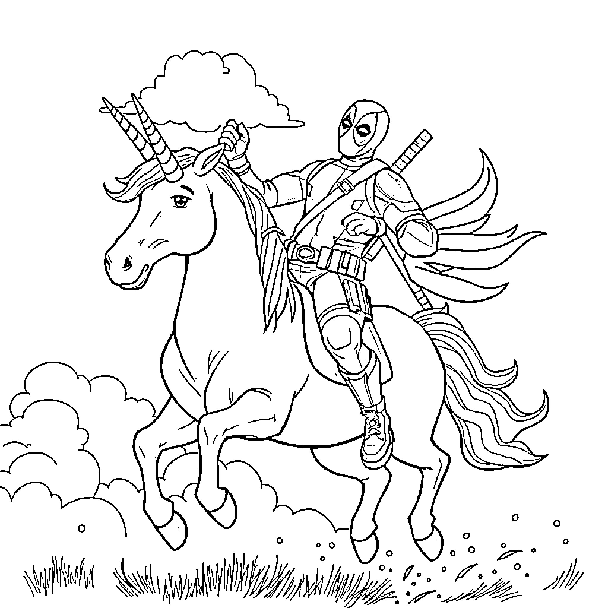 Deadpool riding a unicorn in an adventurous scene Coloring Page (free black-and-white line drawing printable PDF for all, from beginners to advanced learners, including children, teens, adults, and seniors)