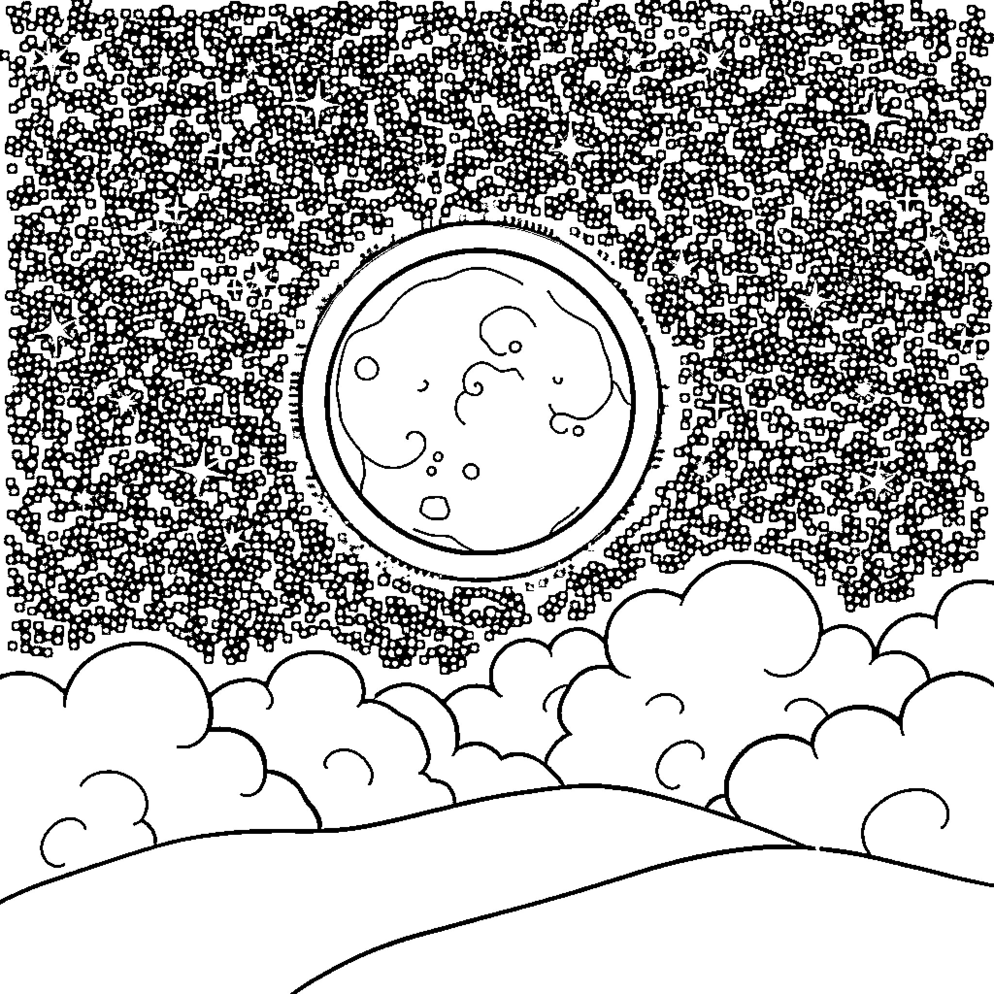 Moon glowing above the cloudy night sky Coloring Page (free black-and-white line drawing printable PDF for all, from beginners to advanced learners, including children, teens, adults, and seniors)