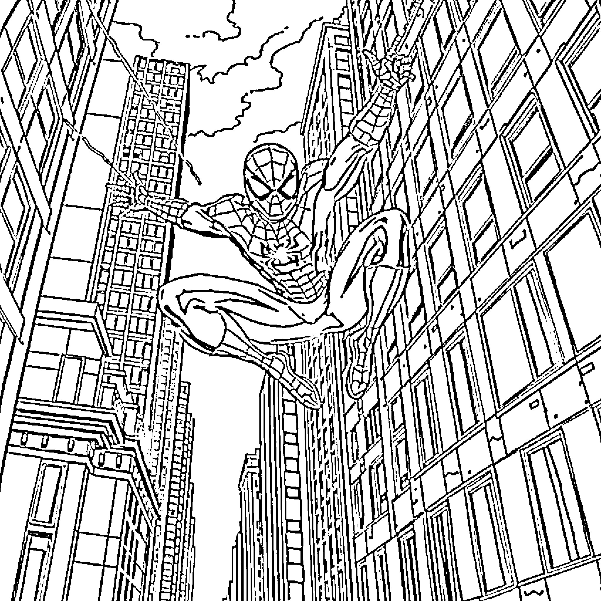 Spiderman swinging through the city skyline Coloring Page (free black-and-white line drawing printable PDF for all, from beginners to advanced learners, including children, teens, adults, and seniors)