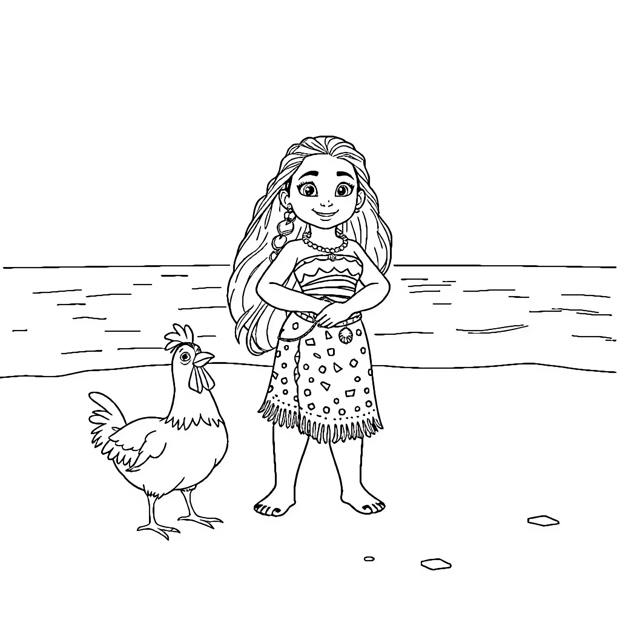 Moana playing with her chicken friend on the beach Coloring Page (free black-and-white line drawing printable PDF for all, from beginners to advanced learners, including children, teens, adults, and seniors)