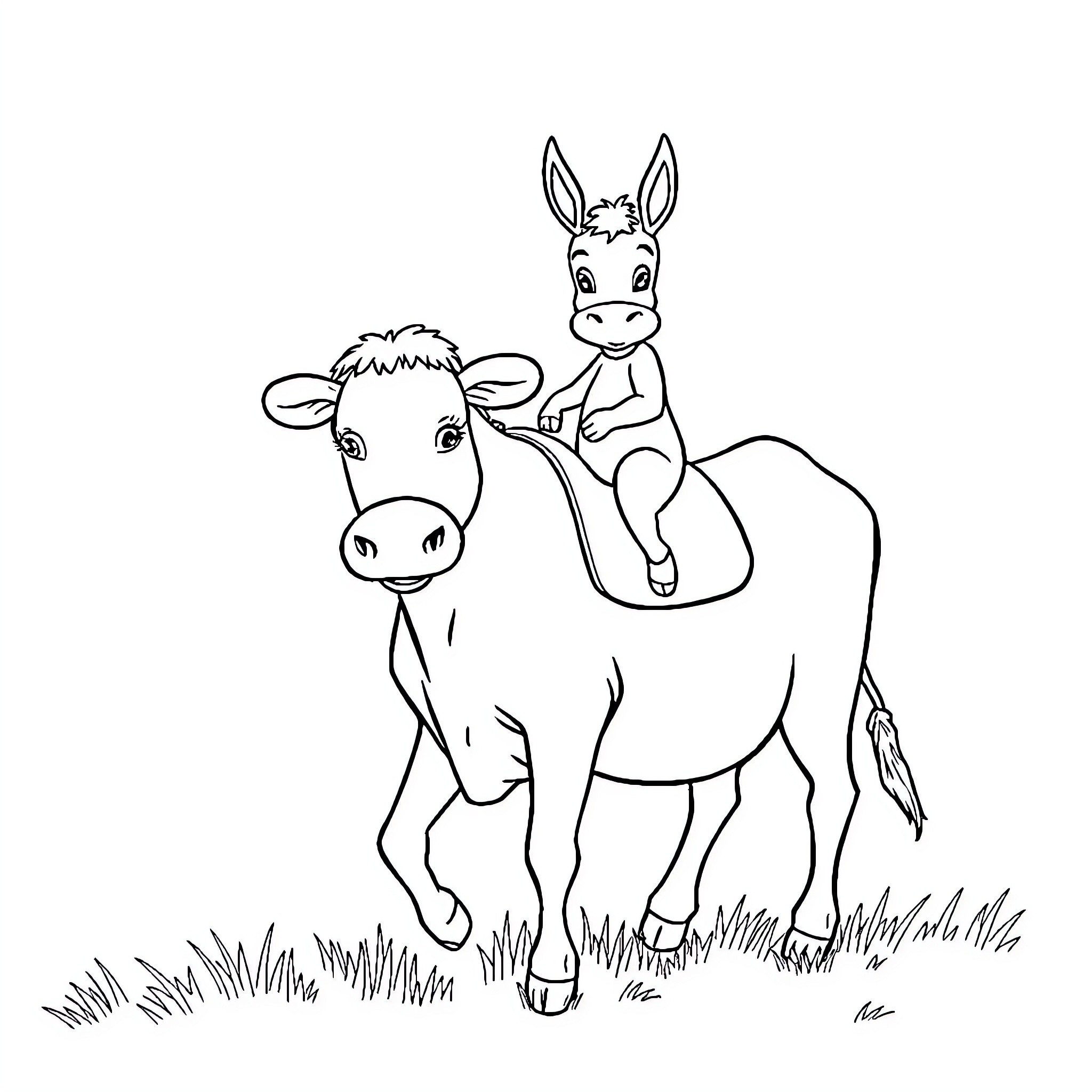 Donkey and cow enjoying the outdoors Coloring Page (free black-and-white line drawing printable PDF for all, from beginners to advanced learners, including children, teens, adults, and seniors)
