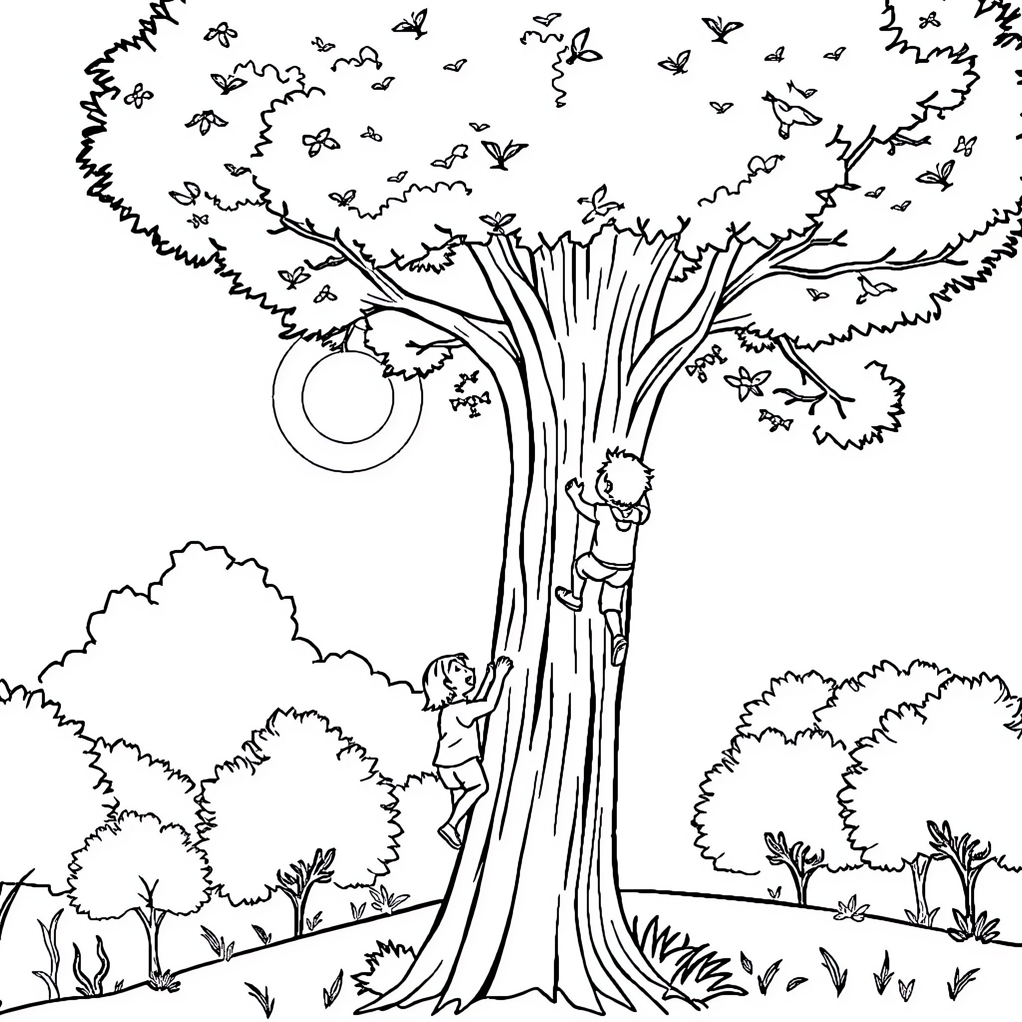 Kid Climbing Whimsical Tree with Butterflies Coloring Page (free black-and-white line drawing printable PDF for all, from beginners to advanced learners, including children, teens, adults, and seniors)