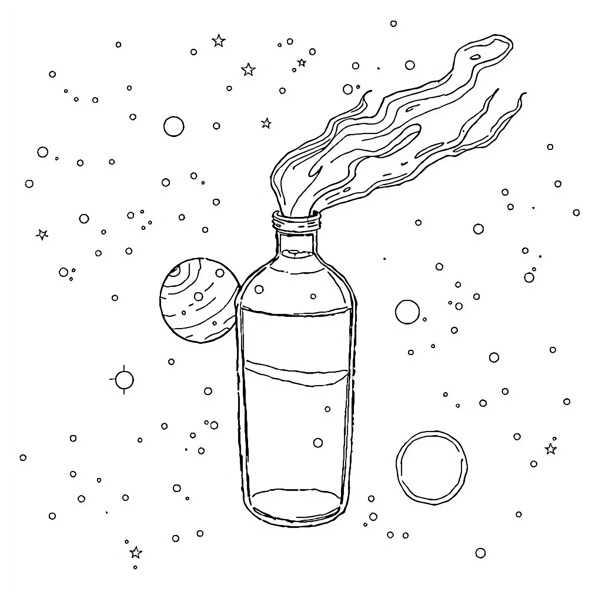 Space experiment with mysterious chemical reaction Coloring Page (free black-and-white line drawing printable PDF for all, from beginners to advanced learners, including children, teens, adults, and seniors)