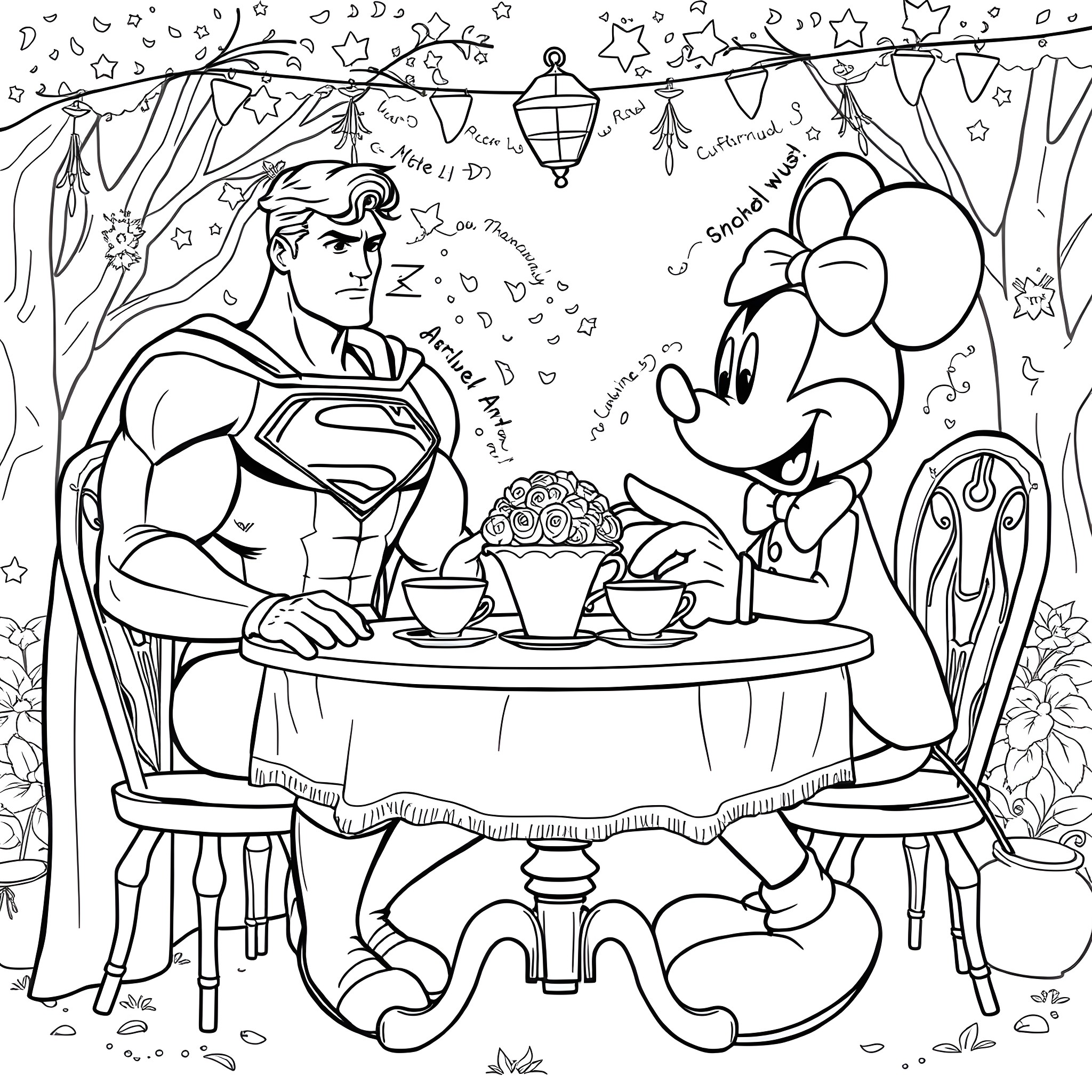 Superman and Minnie Mouse enjoying tea party in enchanted forest Coloring Page (free black-and-white line drawing printable PDF for all, from beginners to advanced learners, including children, teens, adults, and seniors)