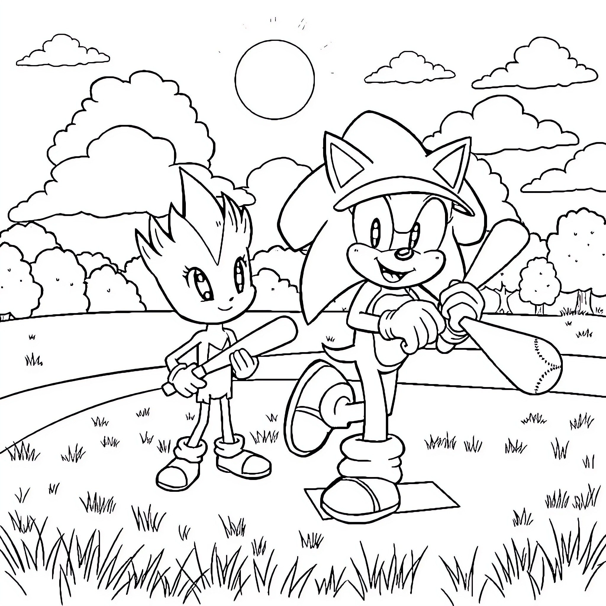 Sonic and friends exploring the outdoors Coloring Page (free black-and-white line drawing printable PDF for all, from beginners to advanced learners, including children, teens, adults, and seniors)
