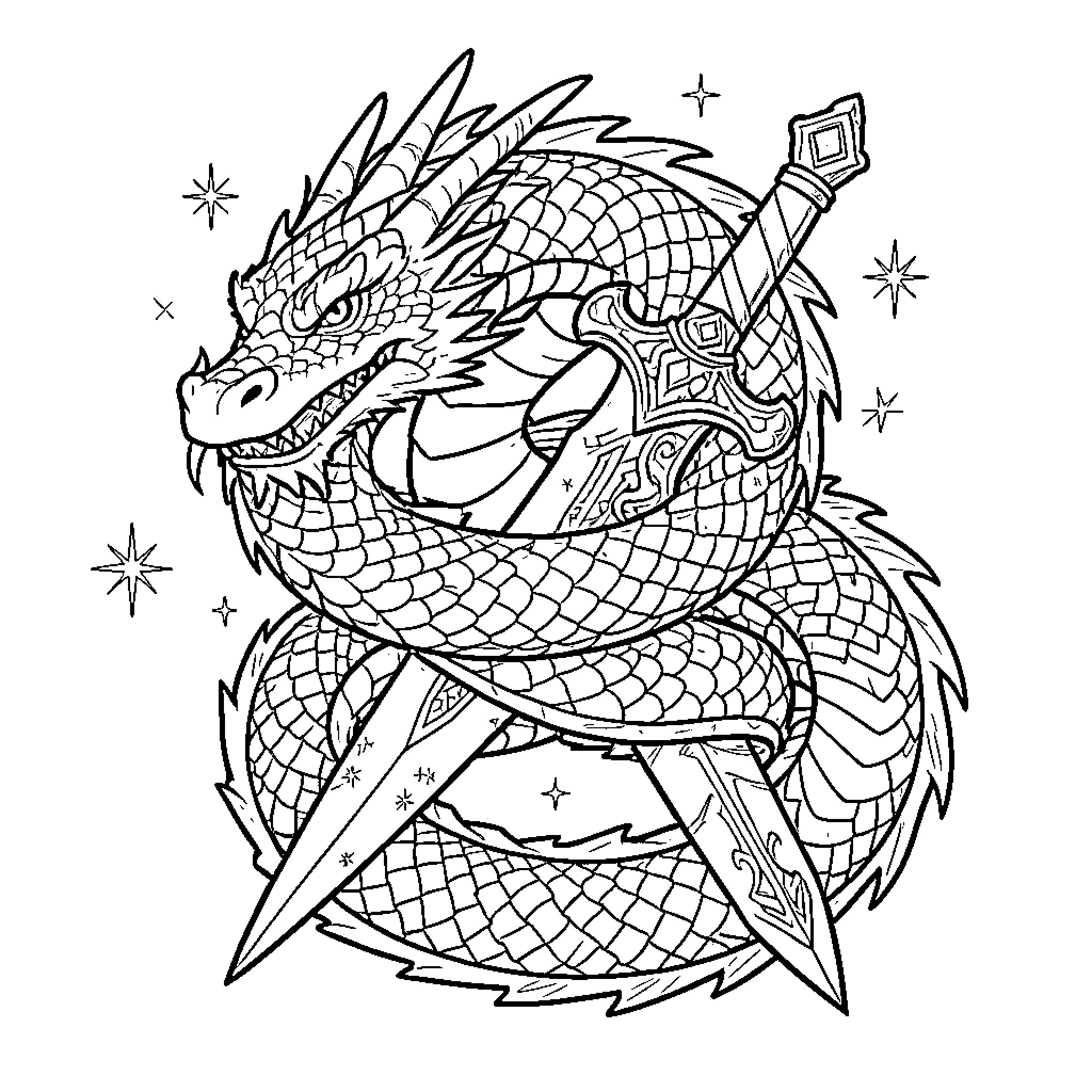 Dragon warrior wielding magical sword in fantasy realm Coloring Page (free black-and-white line drawing printable PDF for all, from beginners to advanced learners, including children, teens, adults, and seniors)